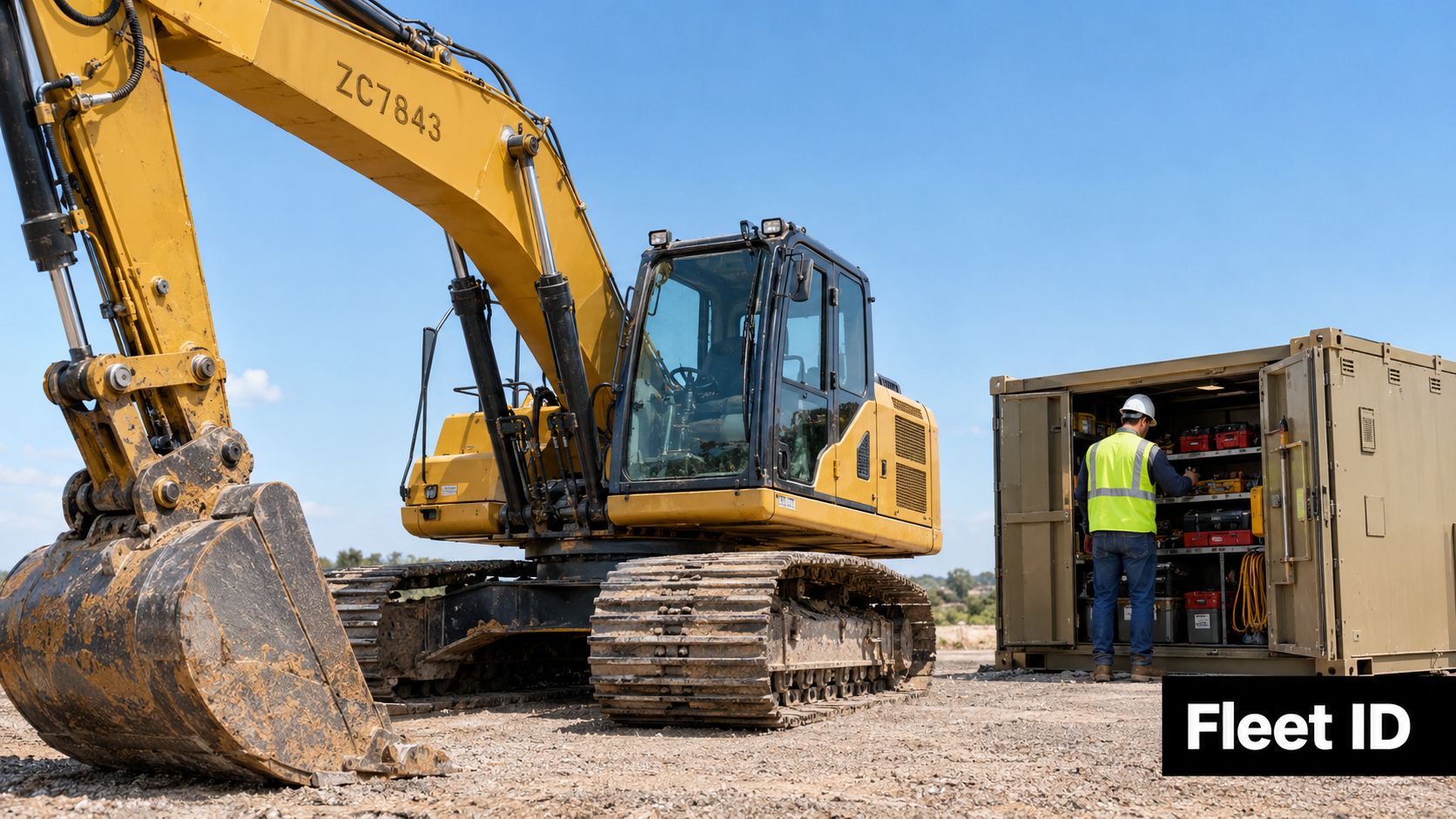 A construction worker in a high visibility vest organizes equipment inside a storage container near an excavator.