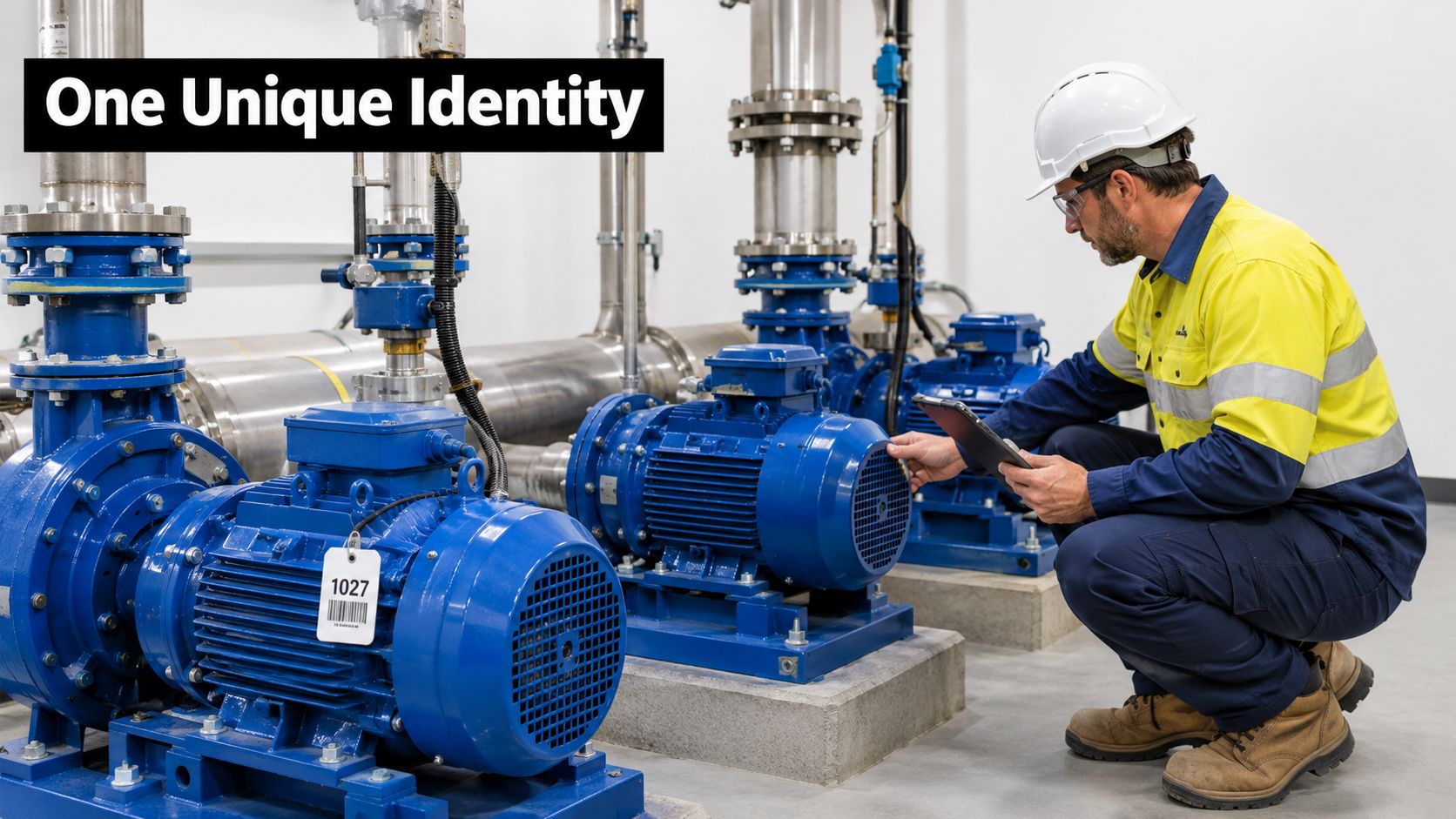 A technician wearing safety gear inspects industrial blue water pumps using a tablet in a facility.