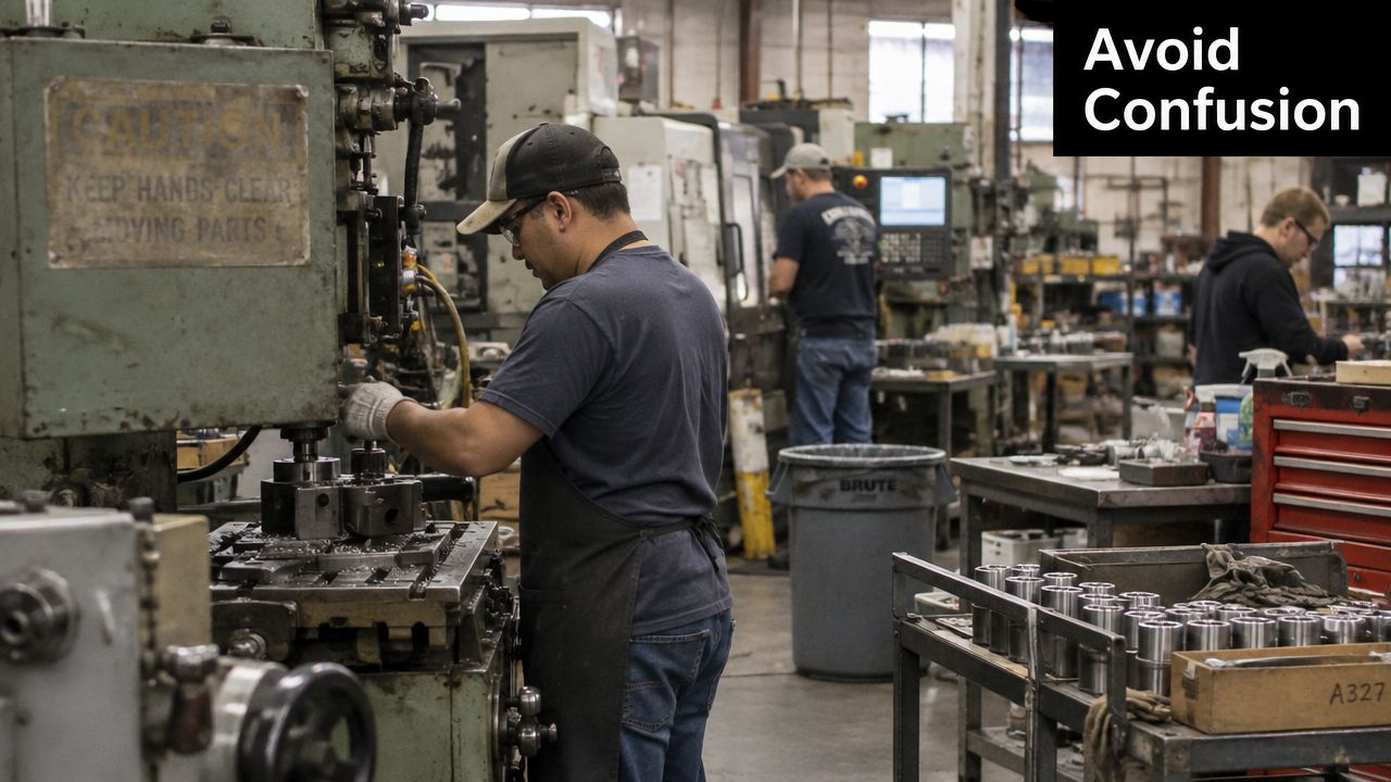 A worker in a manufacturing factory operating industrial machinery while wearing protective safety gear for safety.