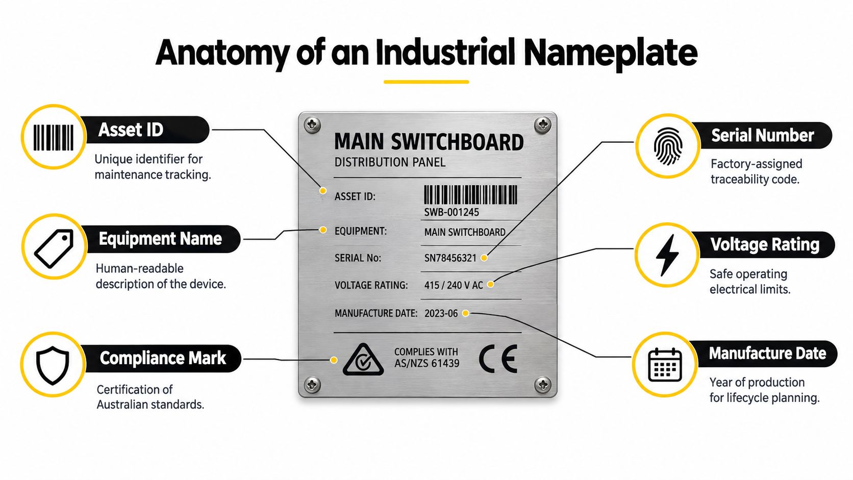 A detailed diagram illustrating the components of an industrial nameplate including identification codes and equipment ratings.