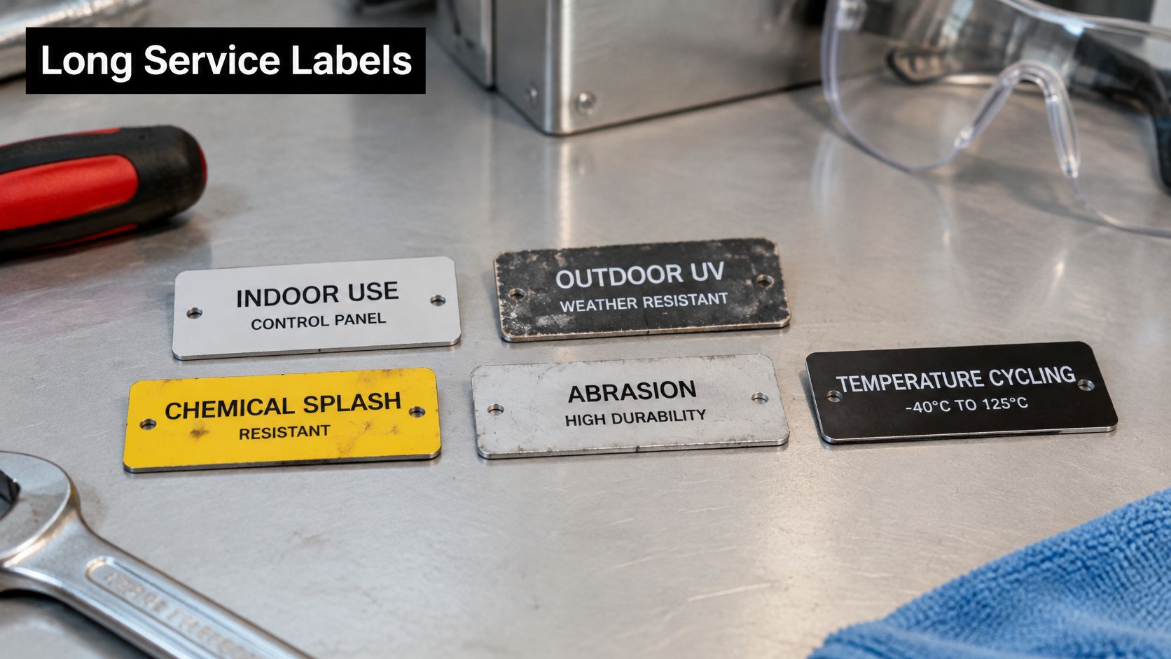 Several durable industrial metal labels placed on a workbench alongside tools and safety goggles.