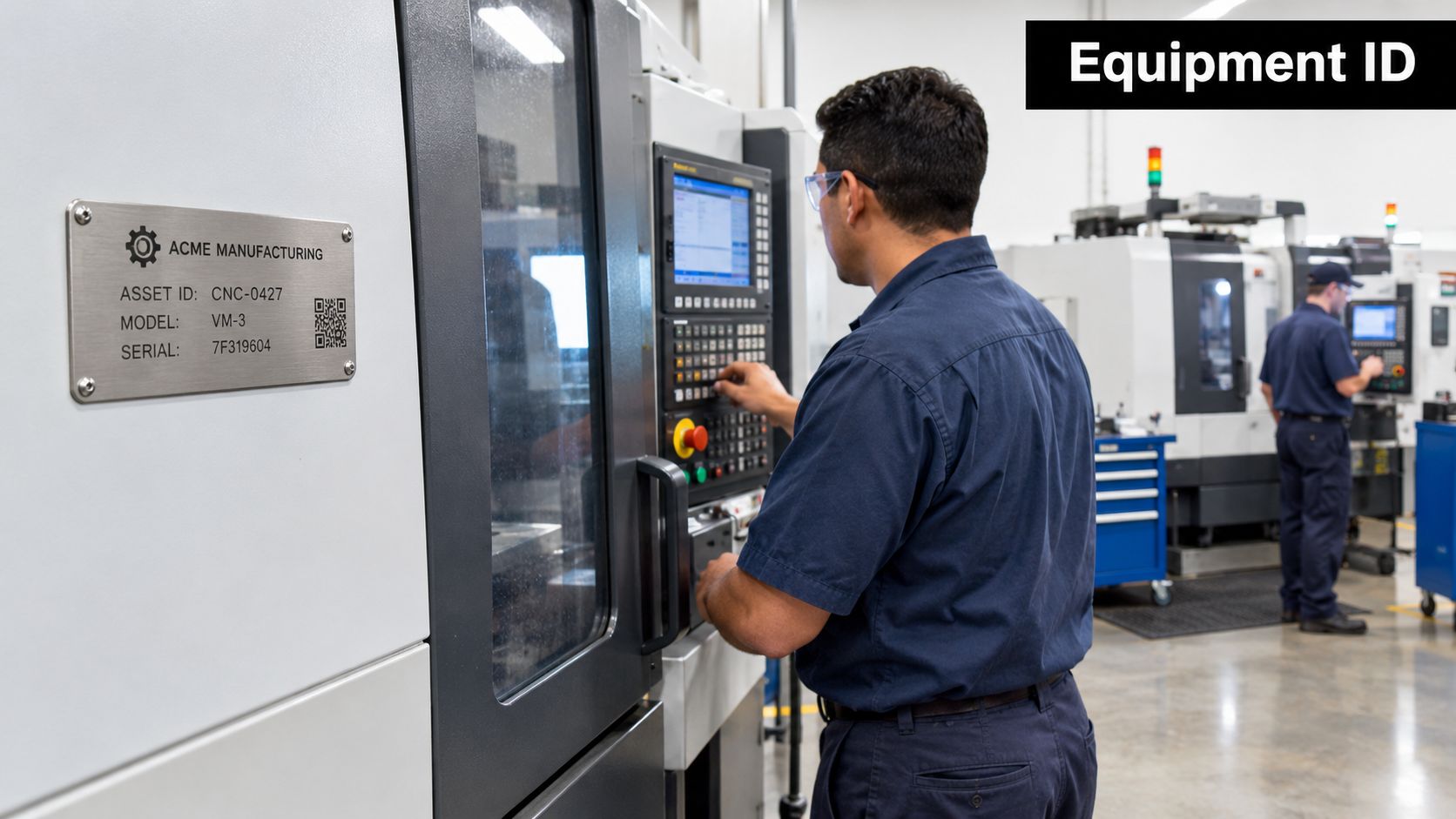 A technician operating a CNC manufacturing machine at an industrial factory with asset identification information clearly visible.