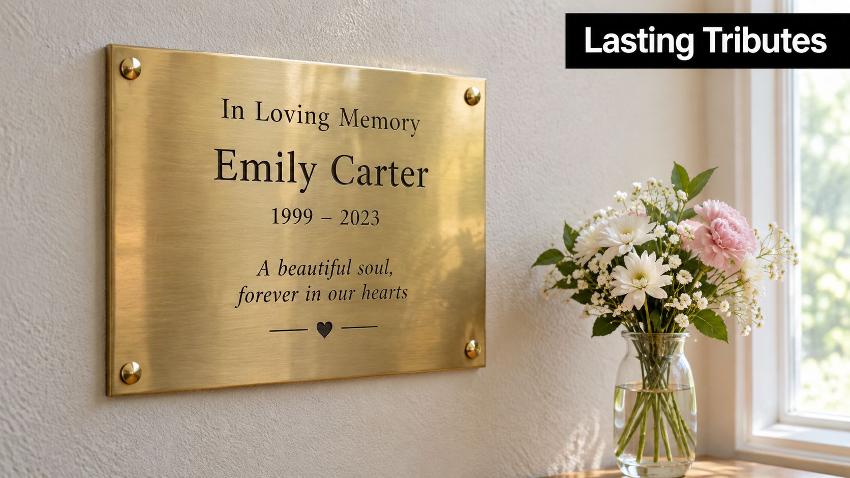 A gold brass memorial plaque dedicated to Emily Carter mounted on a wall beside a flower vase.