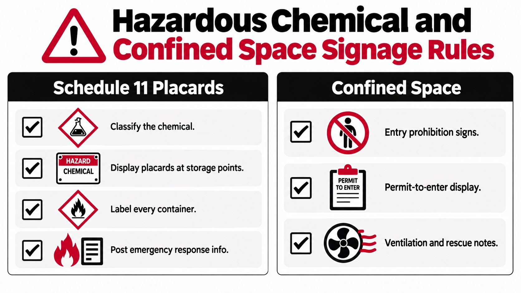 An infographic detailing safety signage rules for hazardous chemicals and confined spaces in a workplace environment.