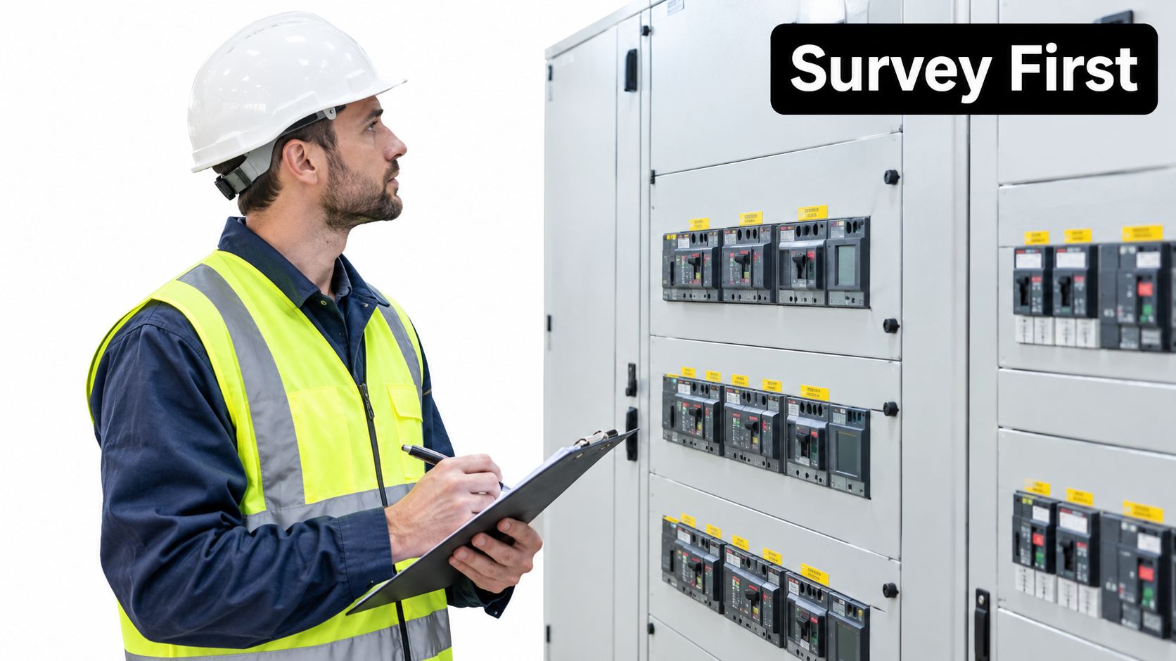 A professional electrical technician wearing a hard hat and safety vest inspects industrial electrical equipment labels.
