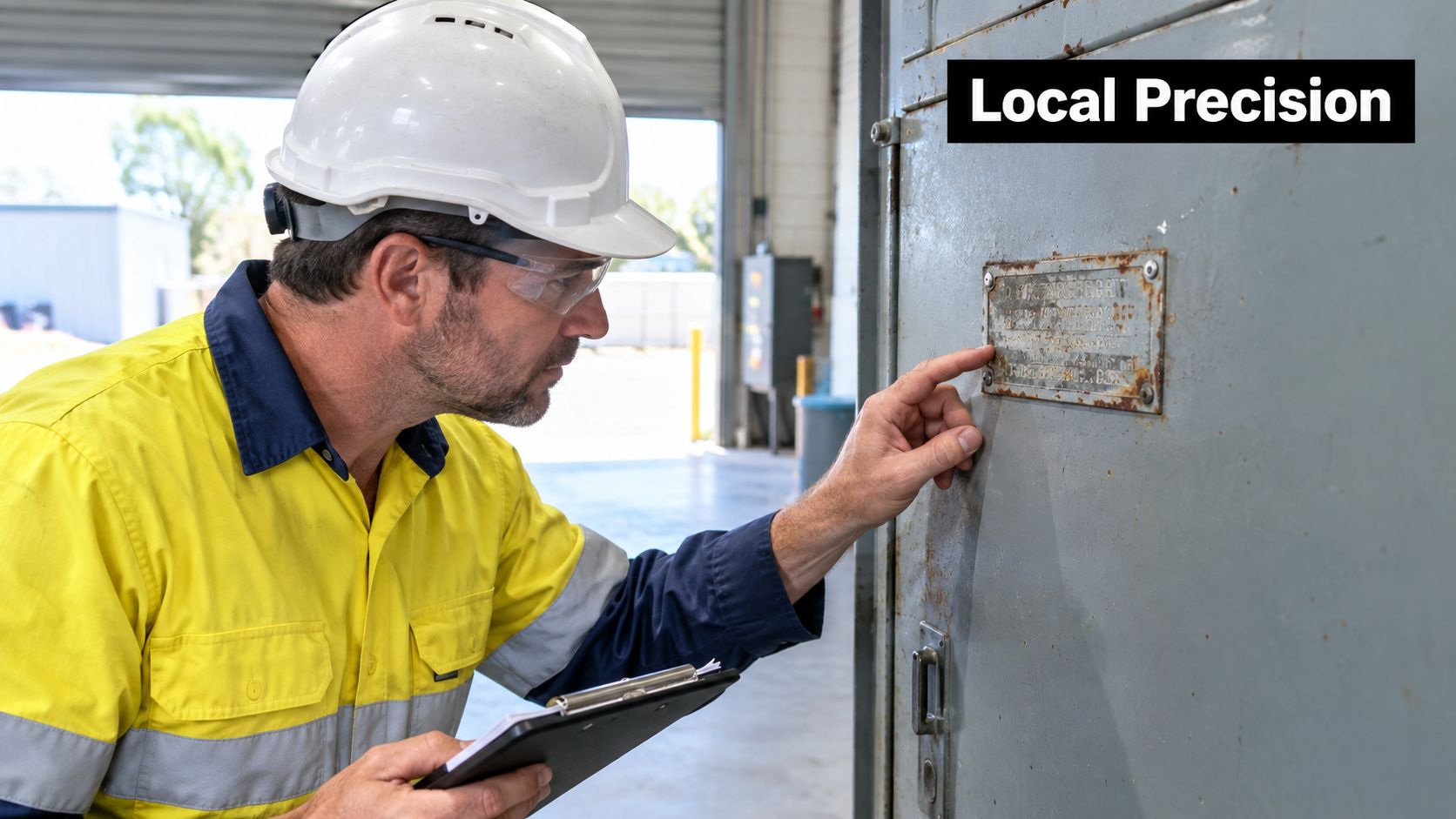 A professional construction worker in high-visibility gear examining a metal identification plate on industrial machinery.