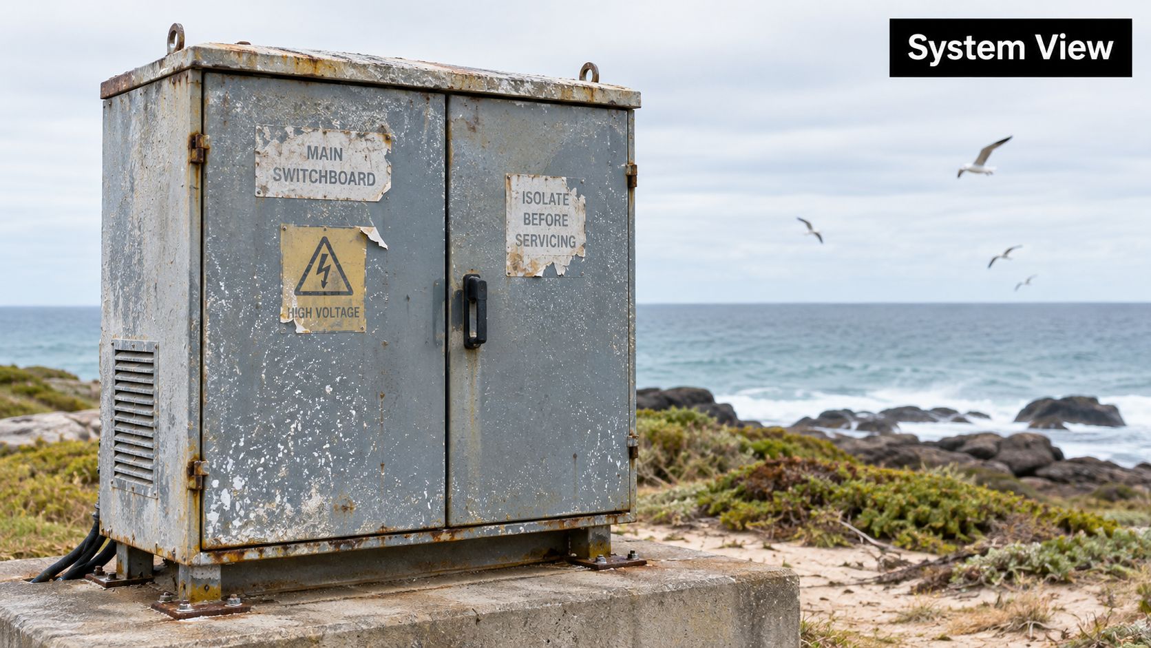 A weathered, metal electrical switchboard box stands outdoors on a rocky coastal cliff near the ocean.