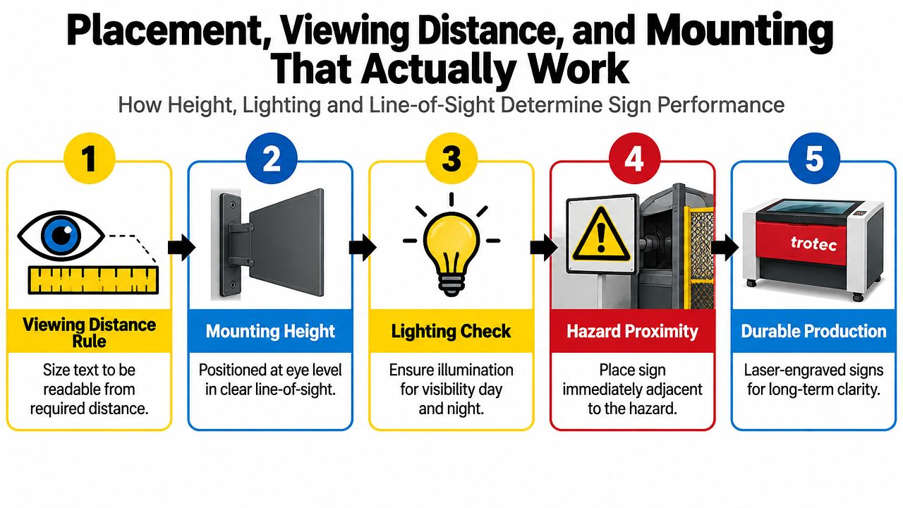 An infographic showing five steps for the effective placement, mounting, and production of industrial safety signs.