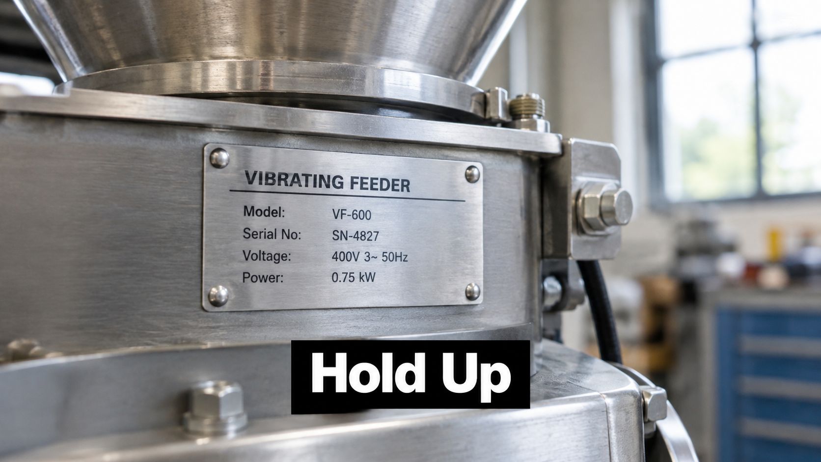 A close-up view of a metal identification plate on an industrial vibrating feeder machine showing technical specifications.