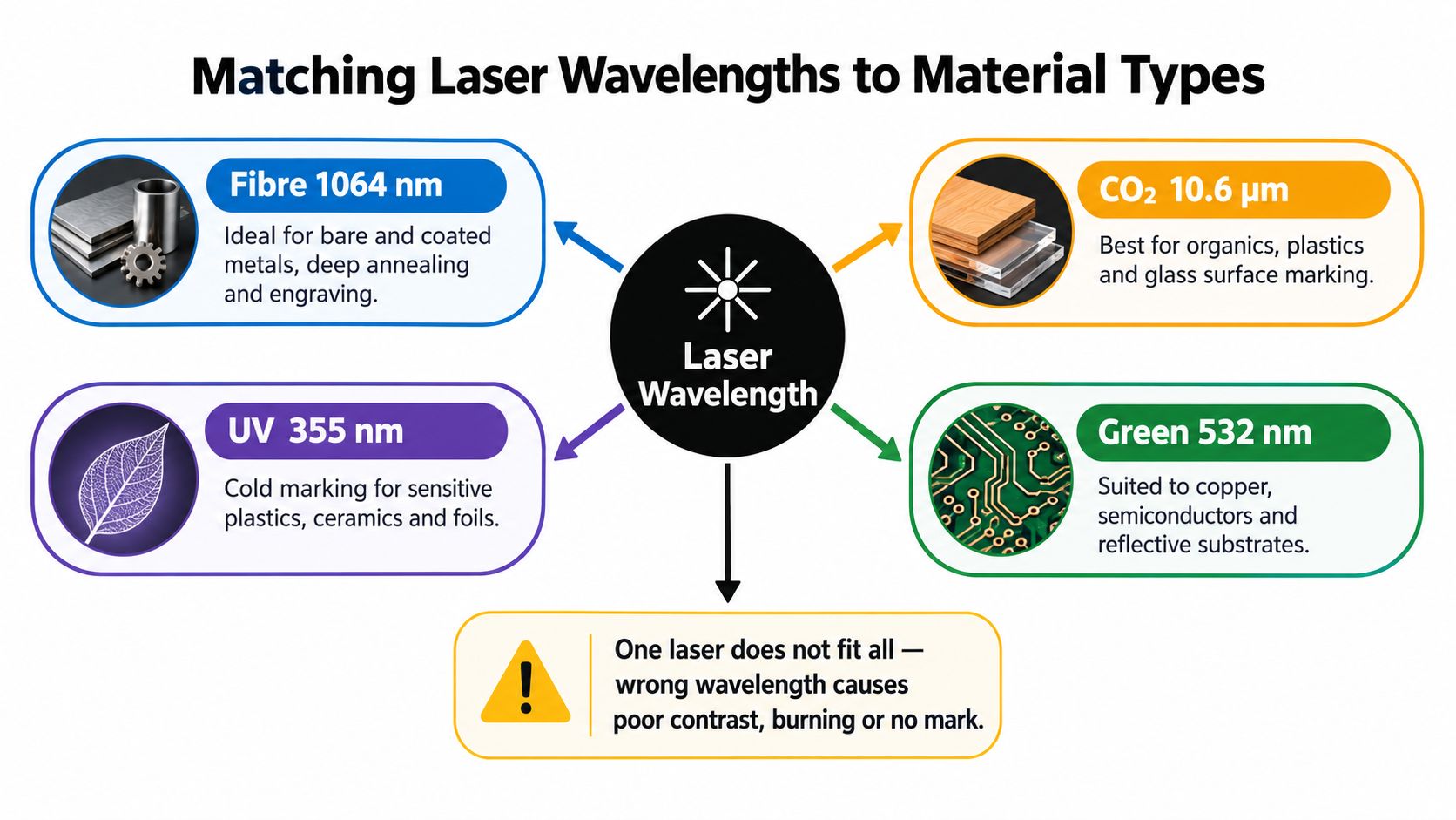 A diagram illustrating how different laser wavelengths are matched to specific material types for industrial marking.