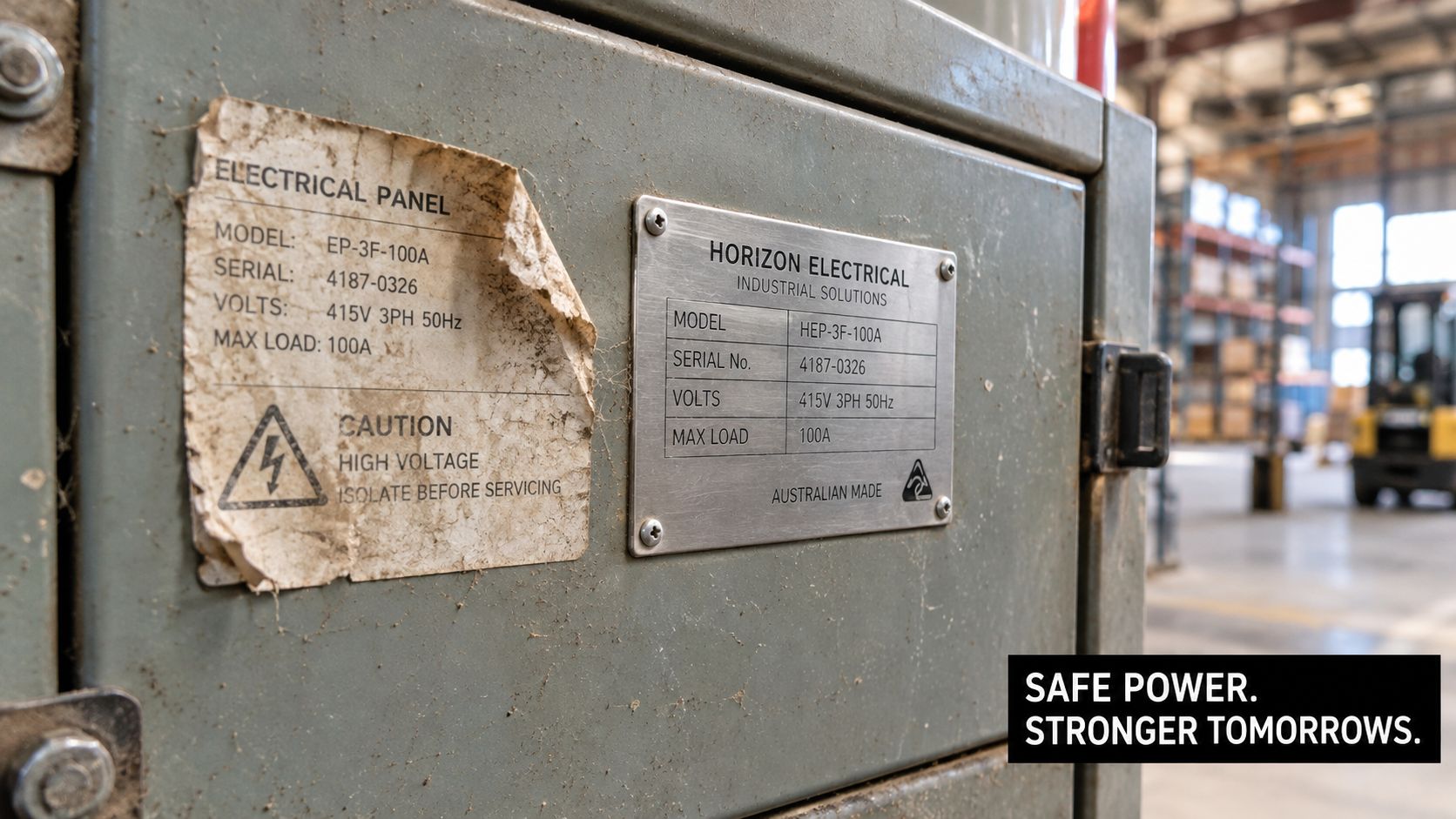 A close-up of a dusty electrical panel label showing model specifications on a industrial equipment box.
