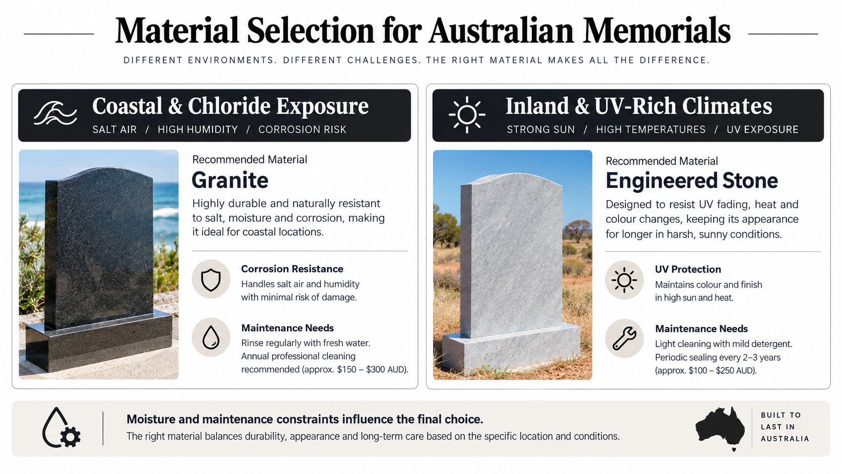 A comparison chart for selecting durable memorial materials for coastal versus inland Australian climate conditions.