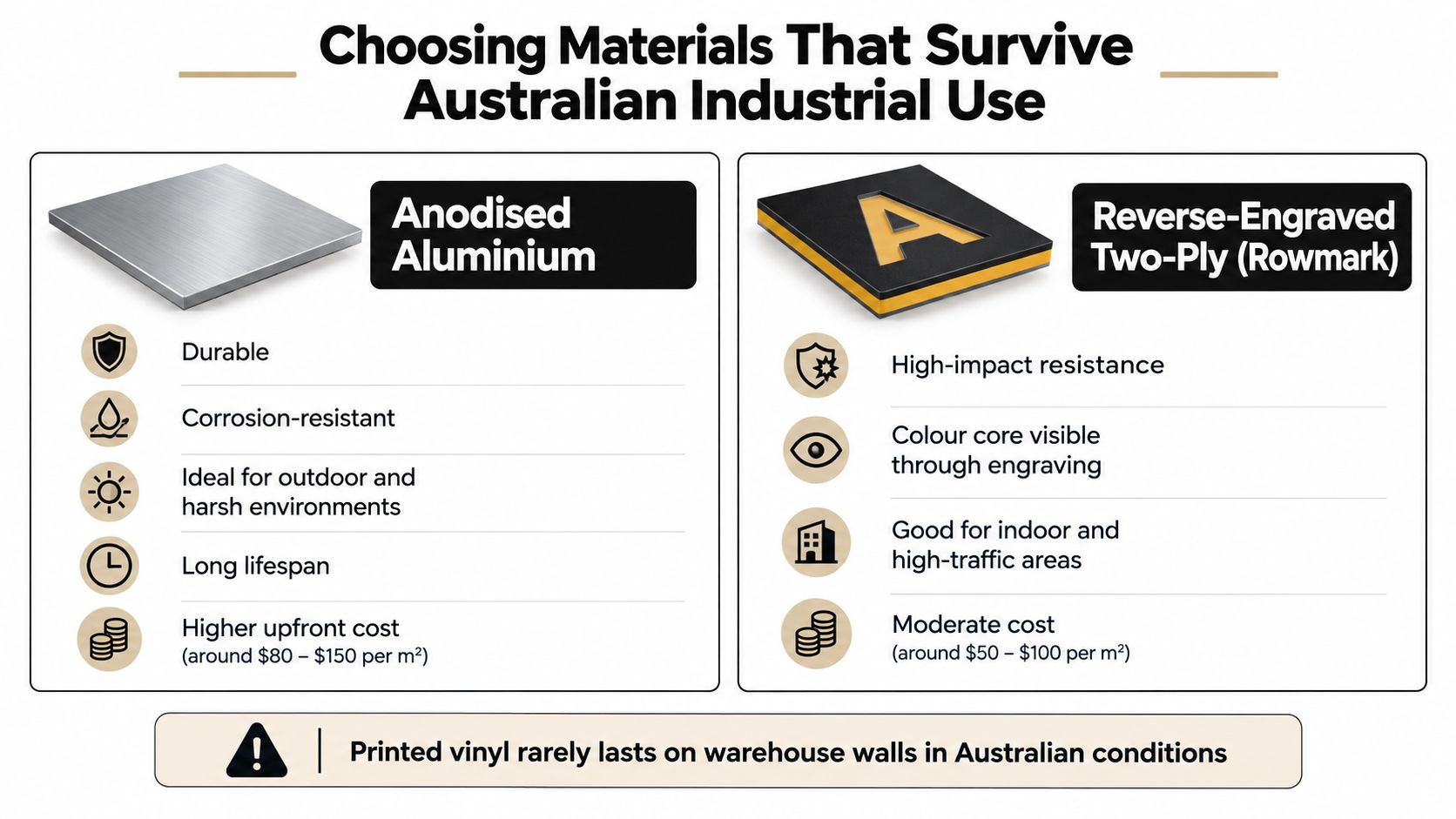 A comparison chart showing the benefits of anodised aluminium versus reverse-engraved two-ply materials for industrial signage.