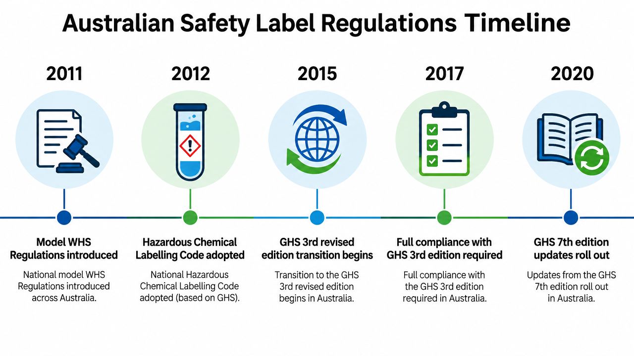 A timeline chart illustrating the historical introduction and evolution of Australian chemical safety labelling regulations from 2011 to 2020.
