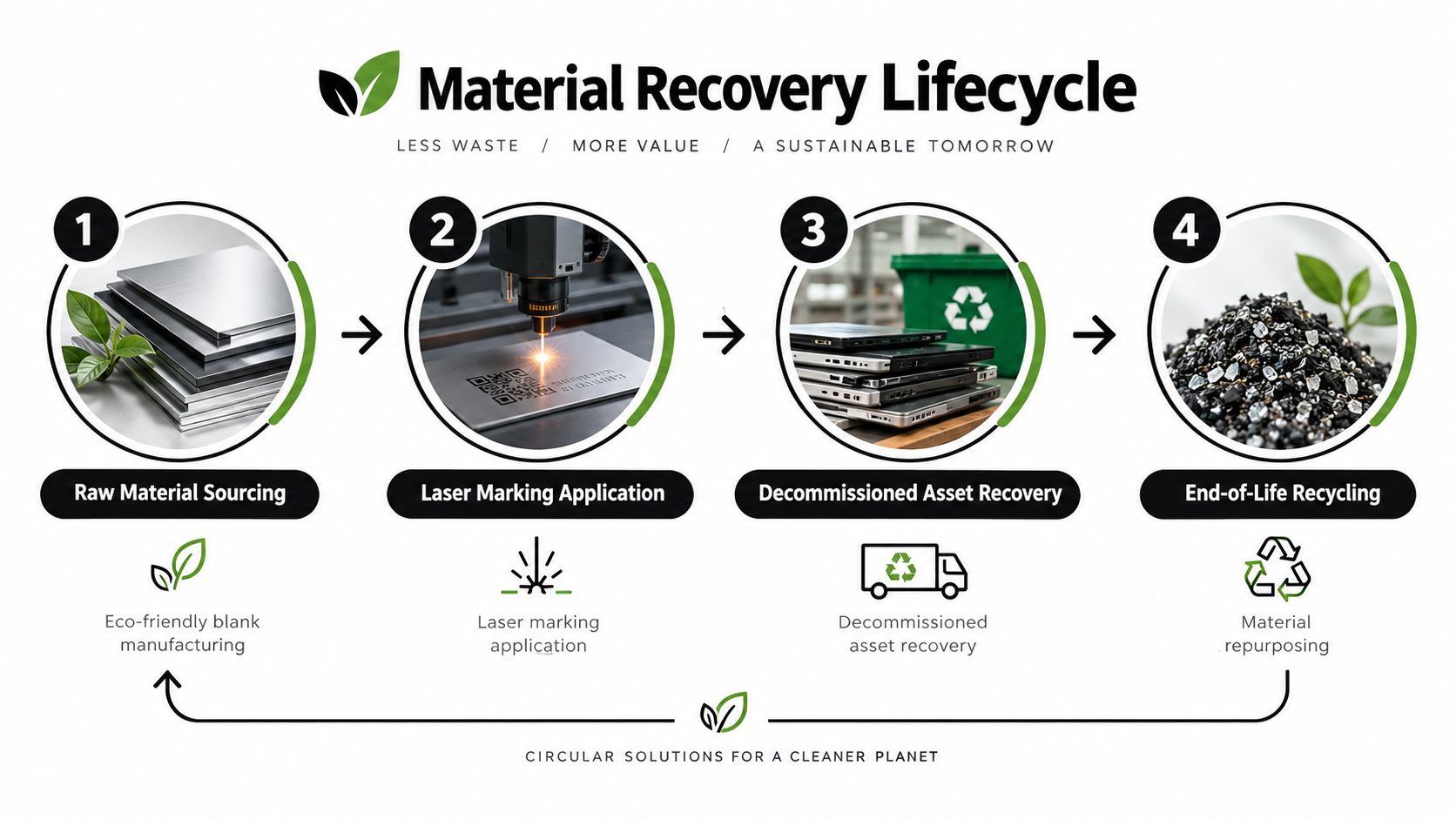 An infographic showing the four stages of a material recovery lifecycle for sustainable industrial manufacturing processes.