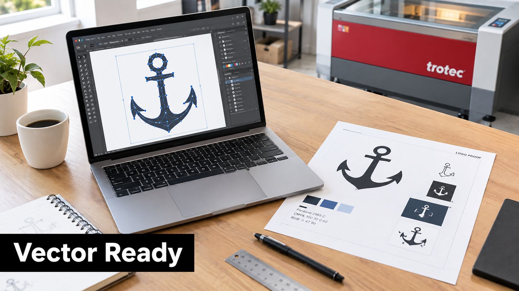 A professional graphic design workspace featuring a laptop displaying anchor vector artwork, printed design proofs, and tools.