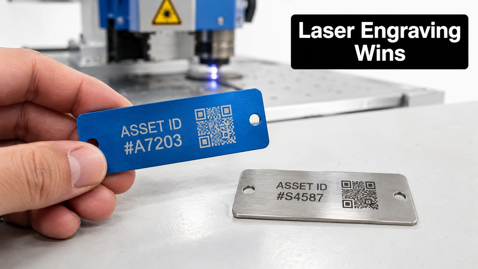 A hand holding a blue metal asset tag with a QR code and ID number near a laser engraver.