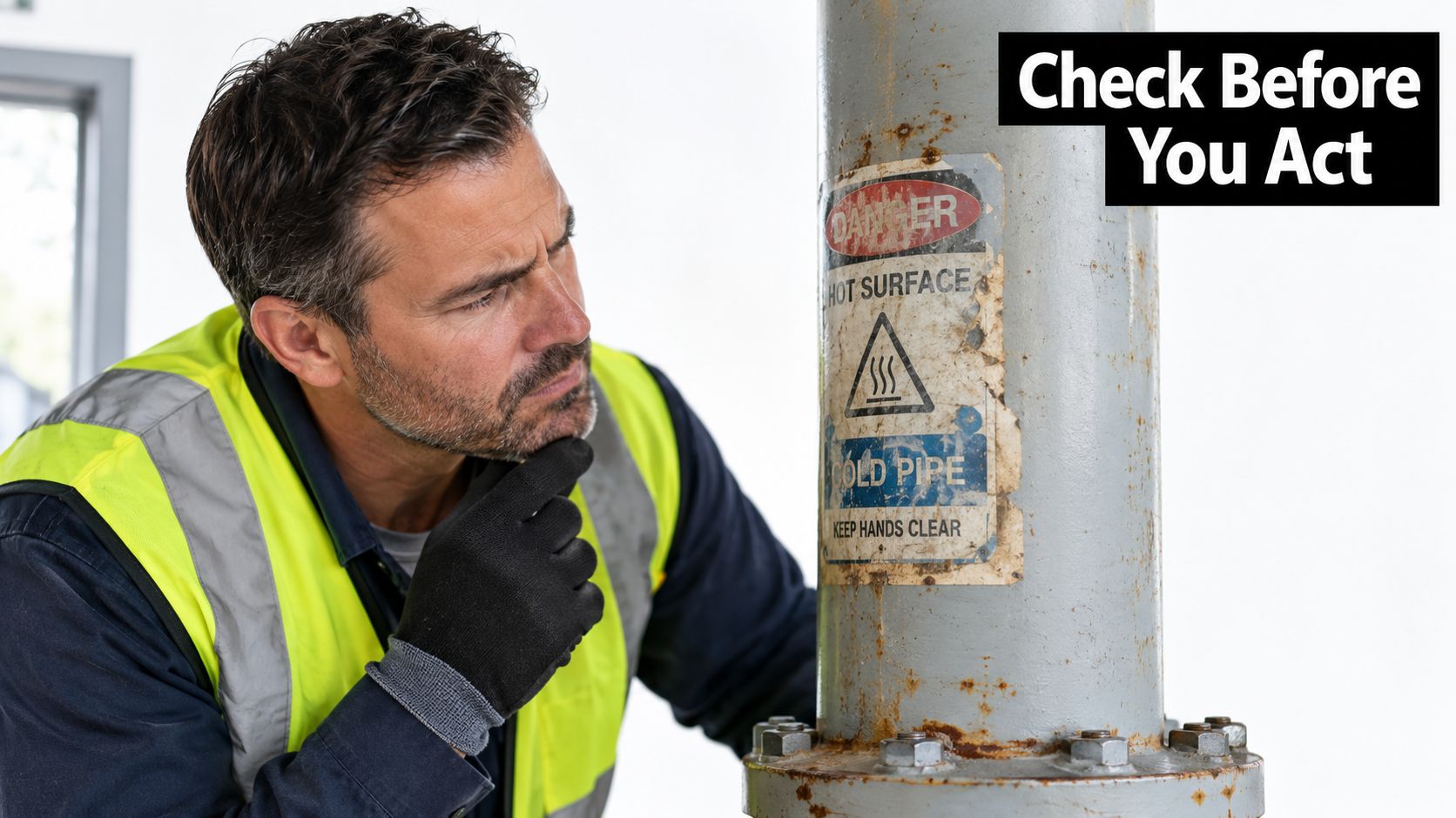 A safety-conscious worker examining a confusing pipe hazard label that contradicts itself with conflicting safety warnings.