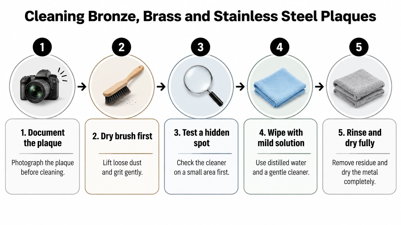A five-step infographic showing the process for cleaning bronze, brass, and stainless steel memorial plaques.