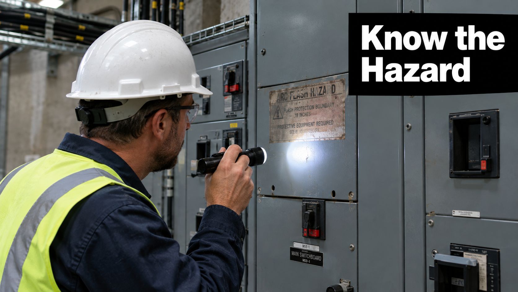 A professional electrician wearing protective gear examines an arc flash hazard label on an industrial switchboard.
