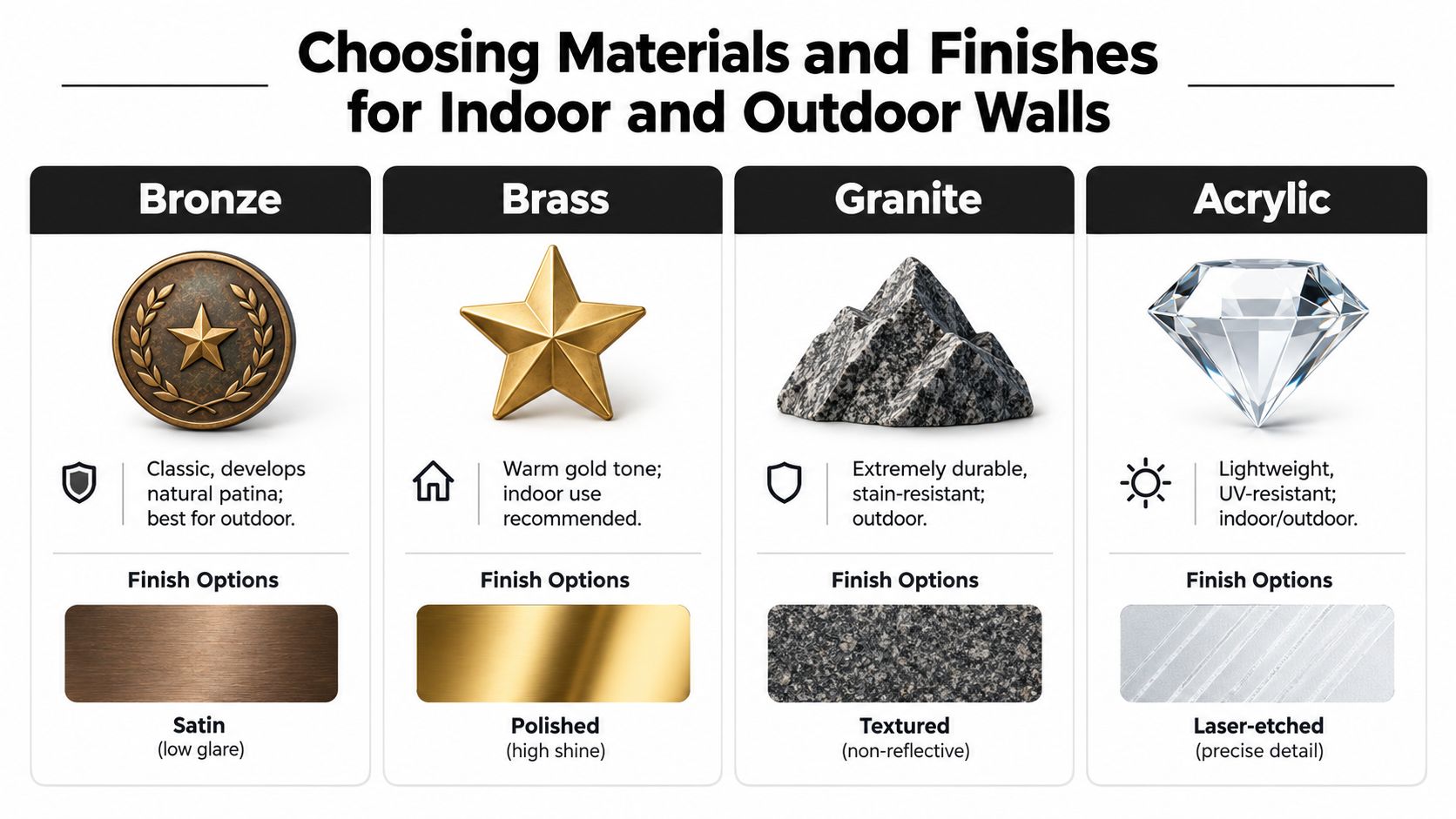 A comparison chart showing material and finish options for wall-mounted memorial plaques including bronze, brass, granite, and acrylic.