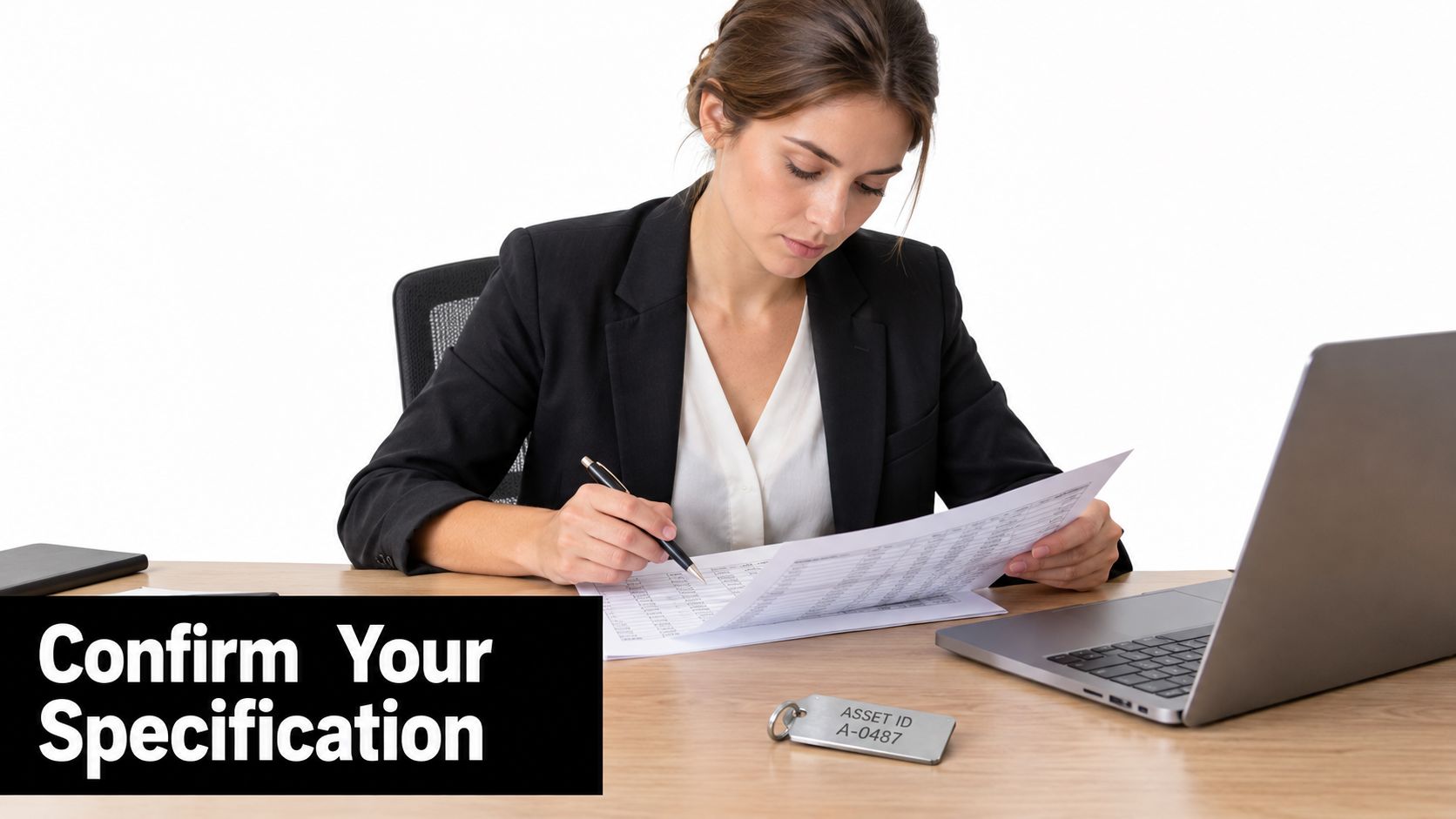 A professional woman in a business suit reviewing document specifications at her desk with an asset tag.