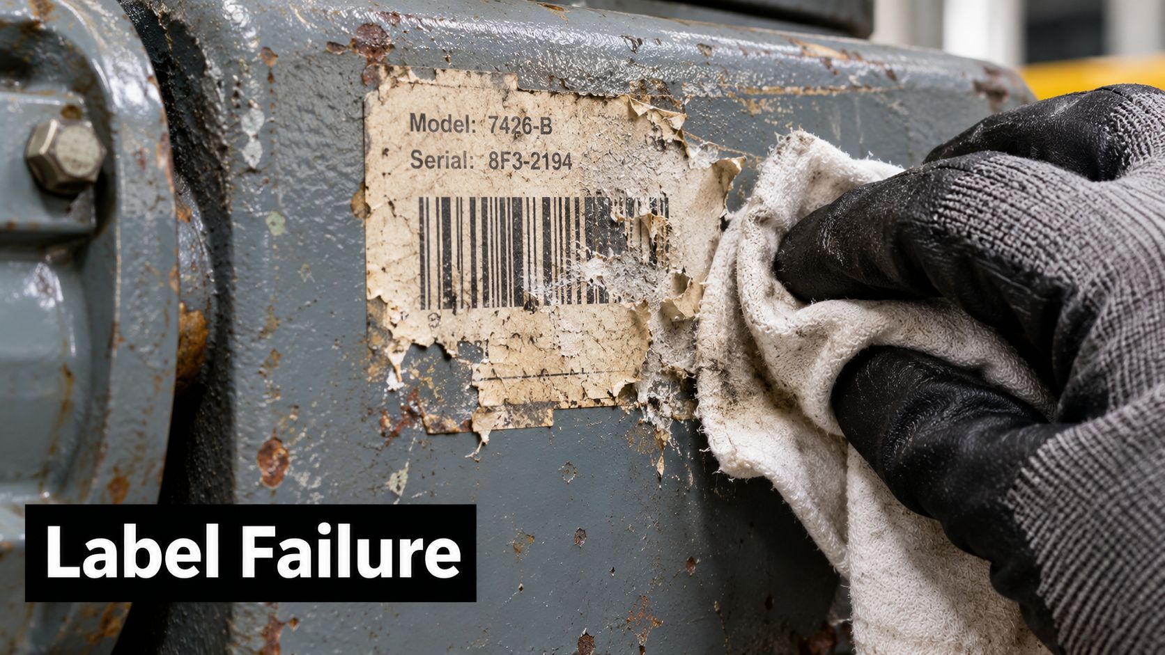 A gloved hand wipes a damaged, peeling barcode asset tag on a rusted industrial machine surface.