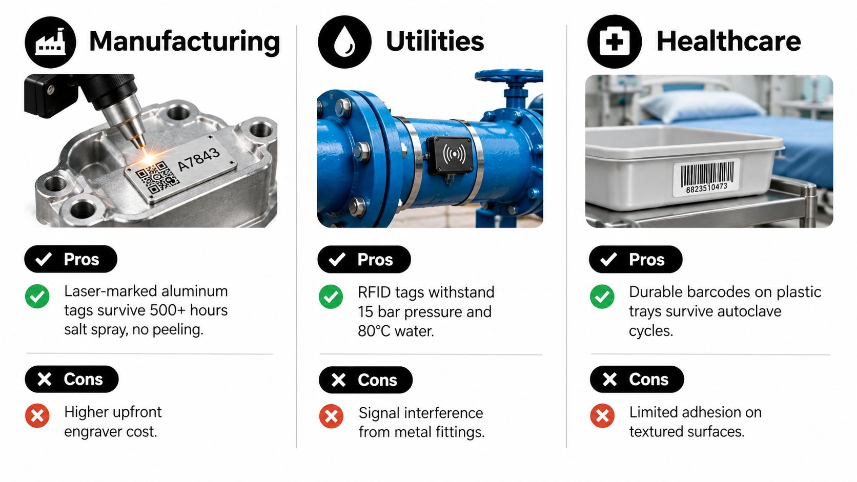 A comparison chart showing asset tagging equipment applications for manufacturing, utilities, and healthcare industries with pros and cons.