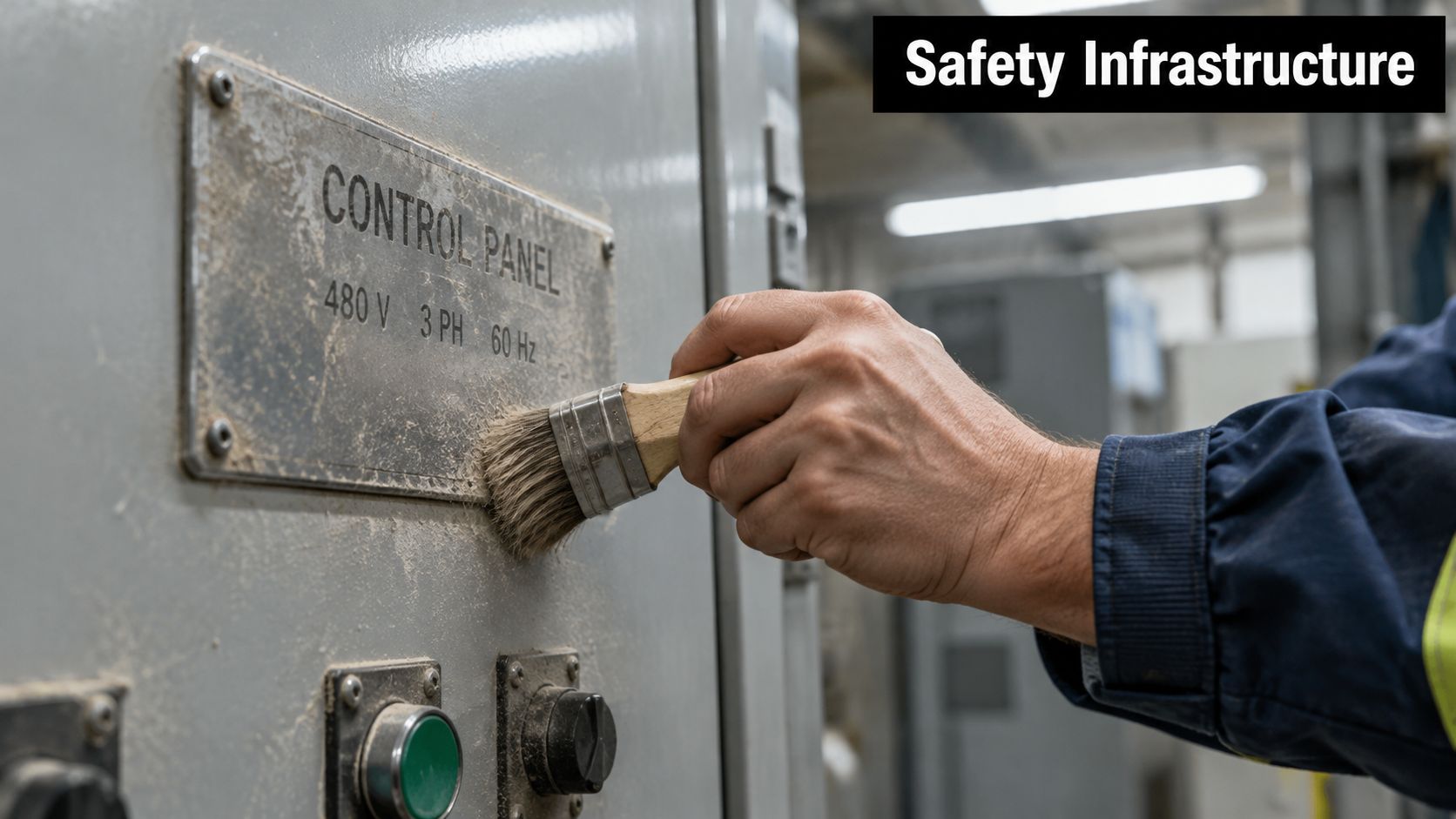 A technician carefully brushes dust off a metal industrial control panel nameplate to clean the surface.