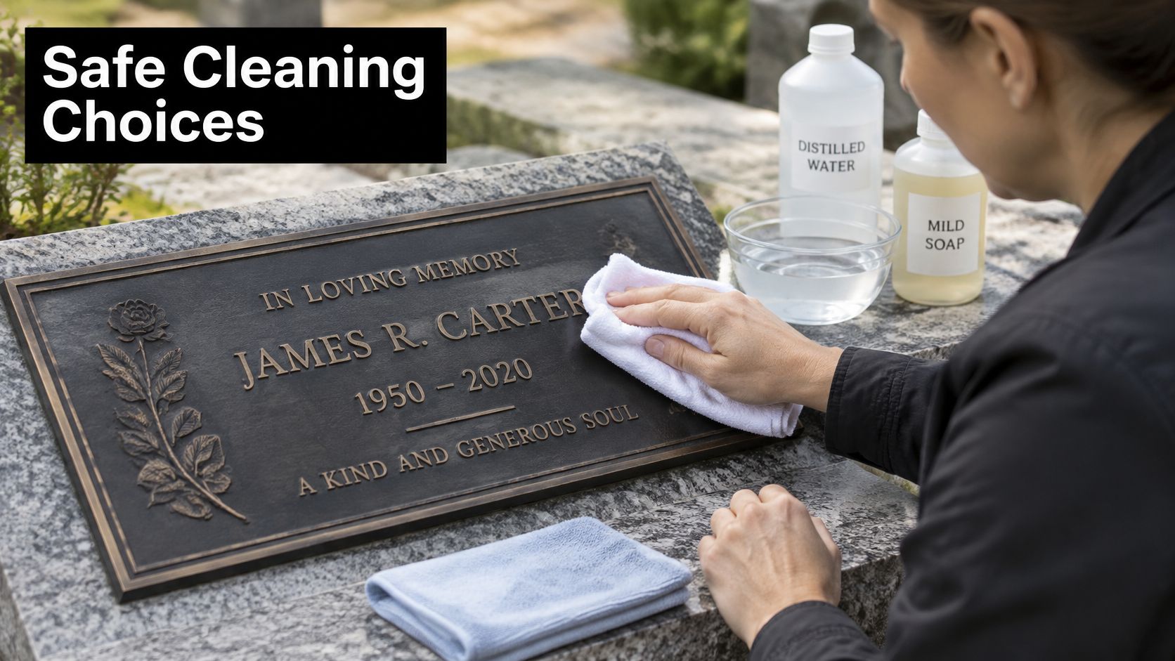 A person carefully cleaning a bronze memorial plaque on a granite gravestone with a soft white cloth.