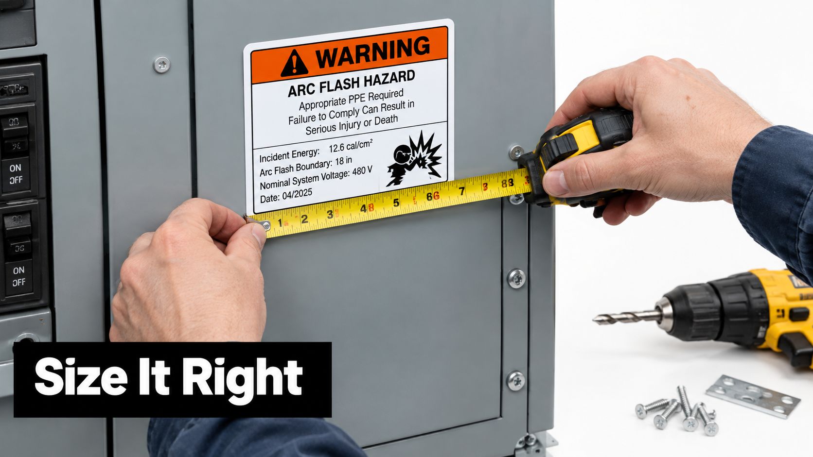 A person uses a tape measure to determine the dimensions of an arc flash warning label.