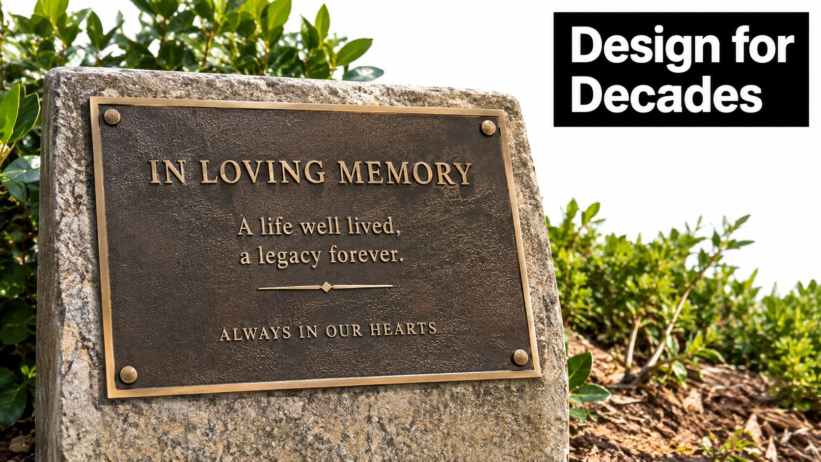 A bronze memorial plaque with an inscription placed on a stone base among green bushes.