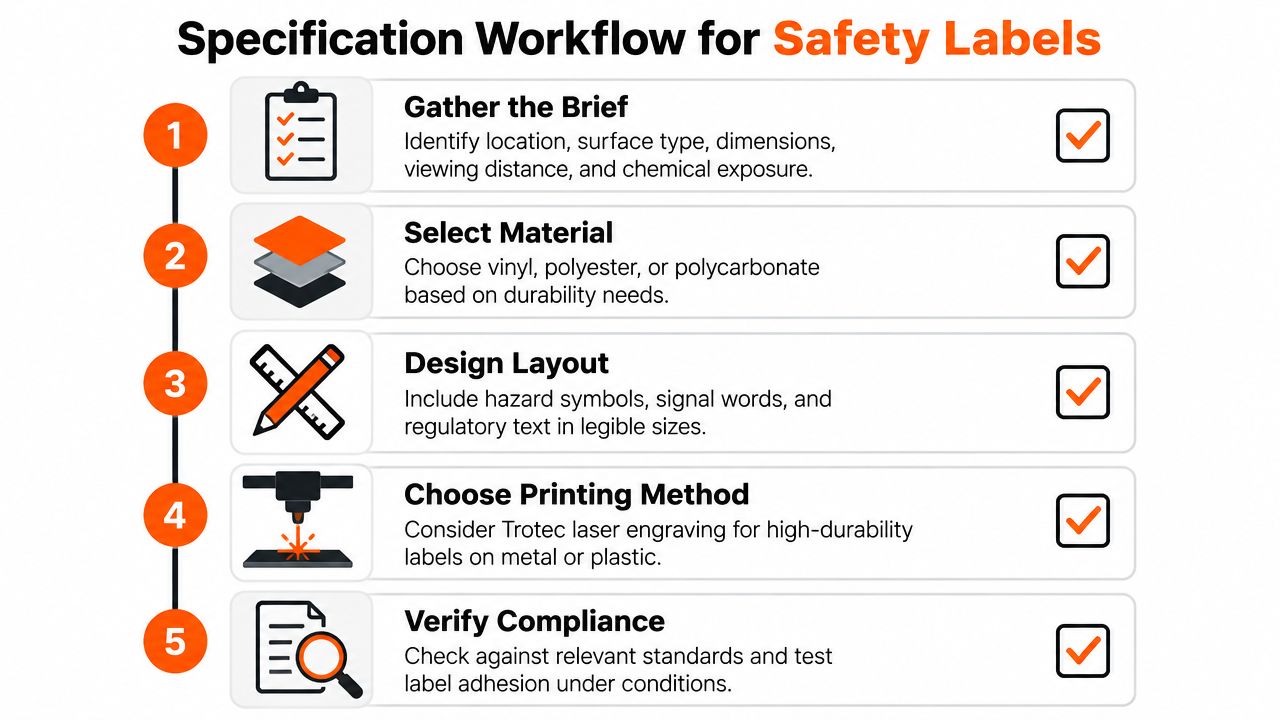A flowchart showing the five-step specification workflow for designing and manufacturing industrial safety labels.