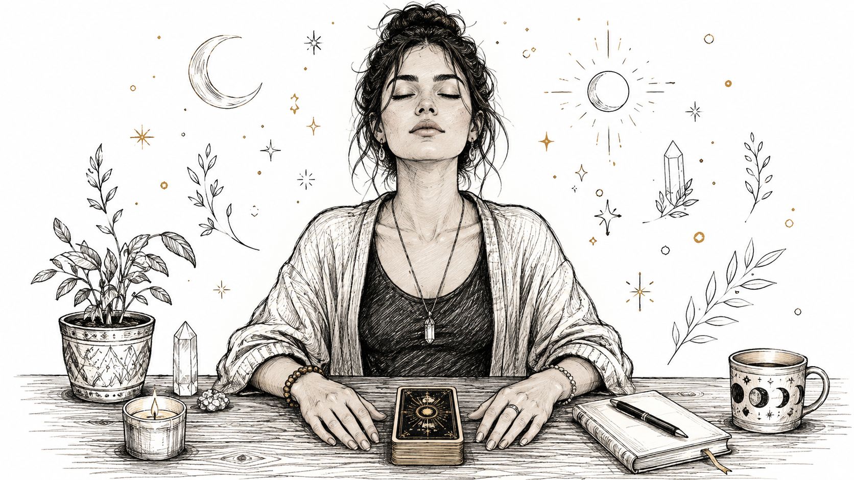 A woman meditating at a table with tarot cards, crystals, a journal, and mystical decorations.