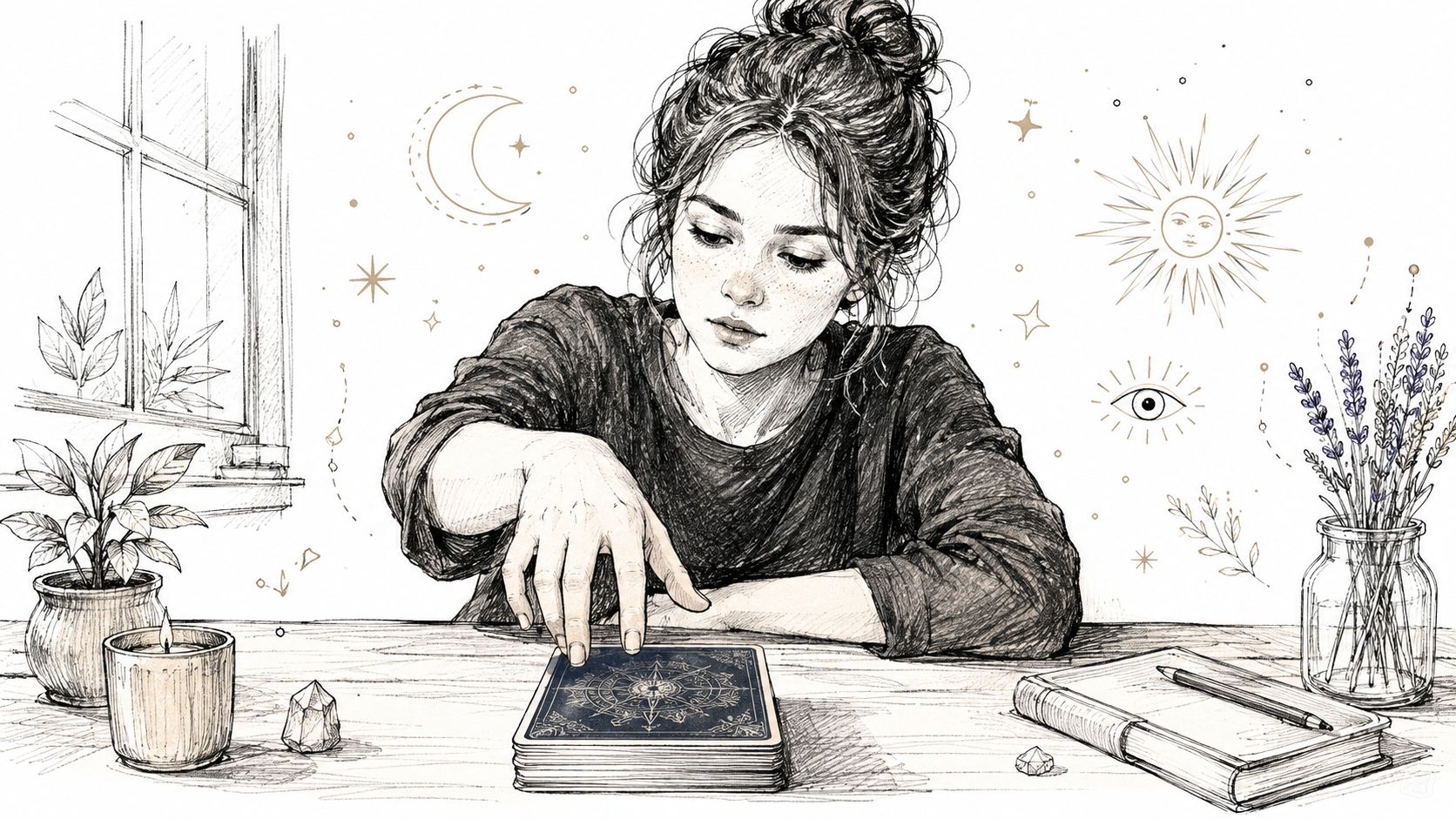 A young woman with a messy bun looking focused while placing her hand on a deck of tarot cards.