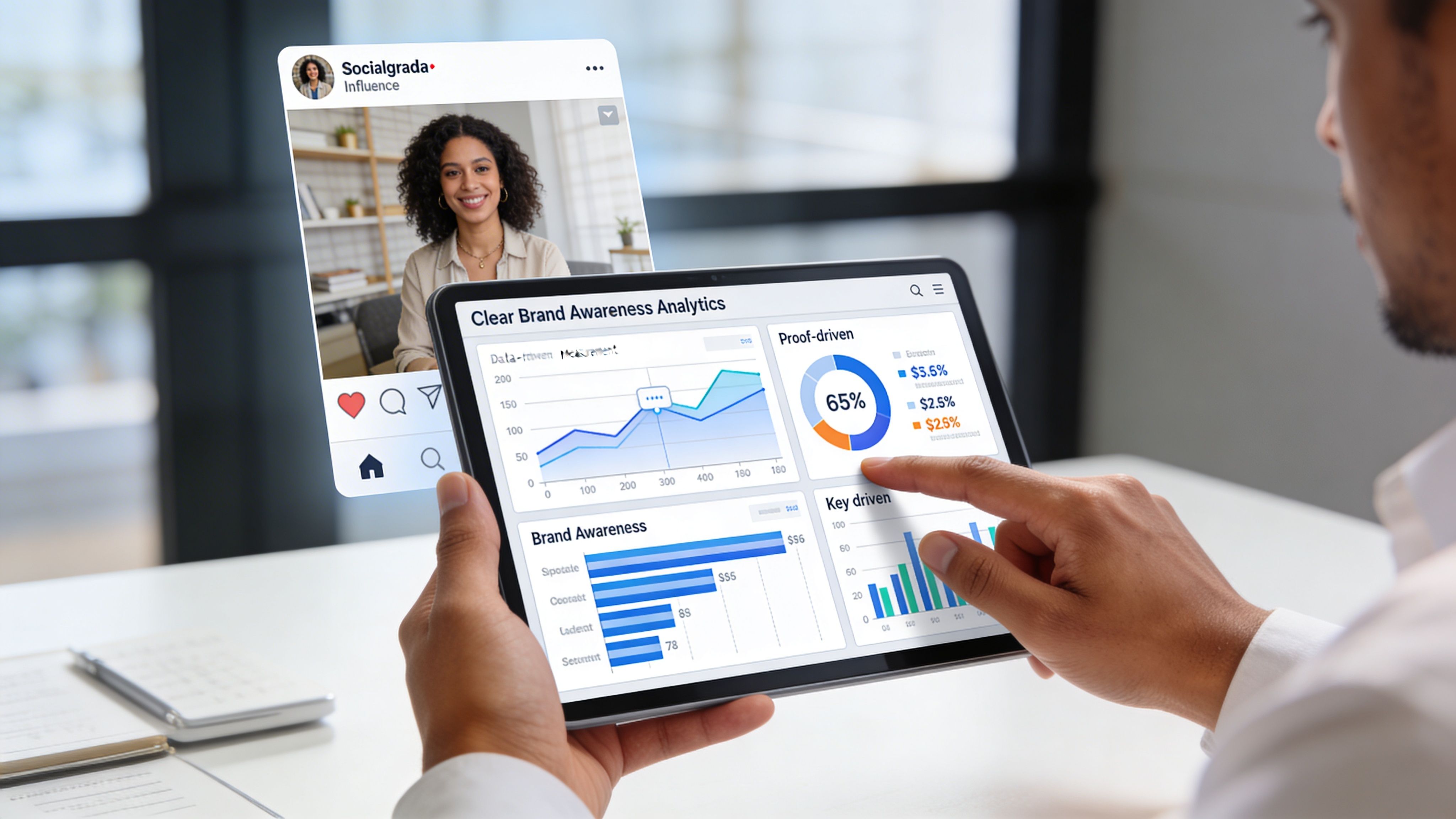 A professional analyzing social media influencer brand awareness analytics on a digital tablet in an office.