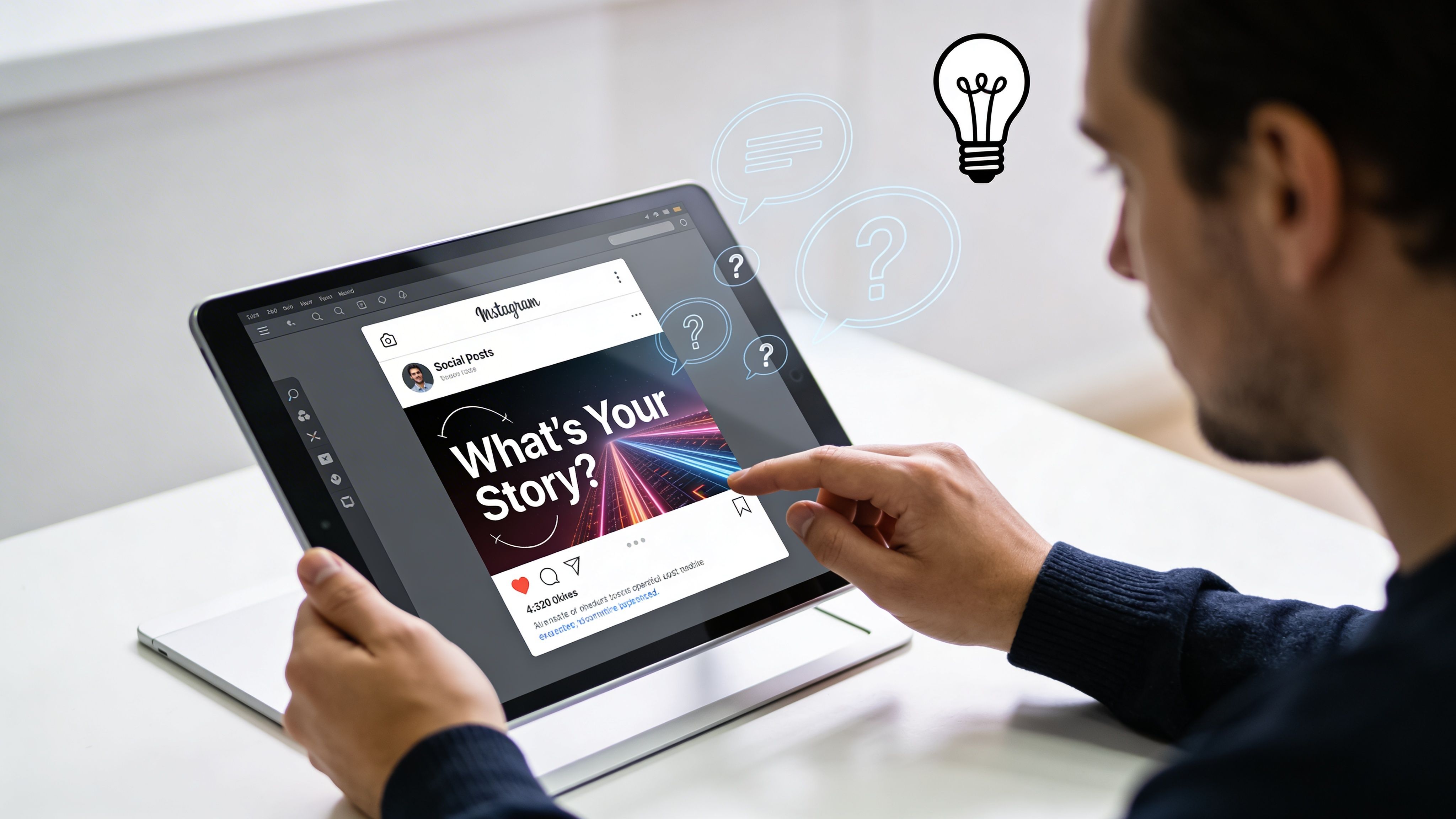 A man interacting with a tablet displaying an Instagram post about increasing social media engagement.