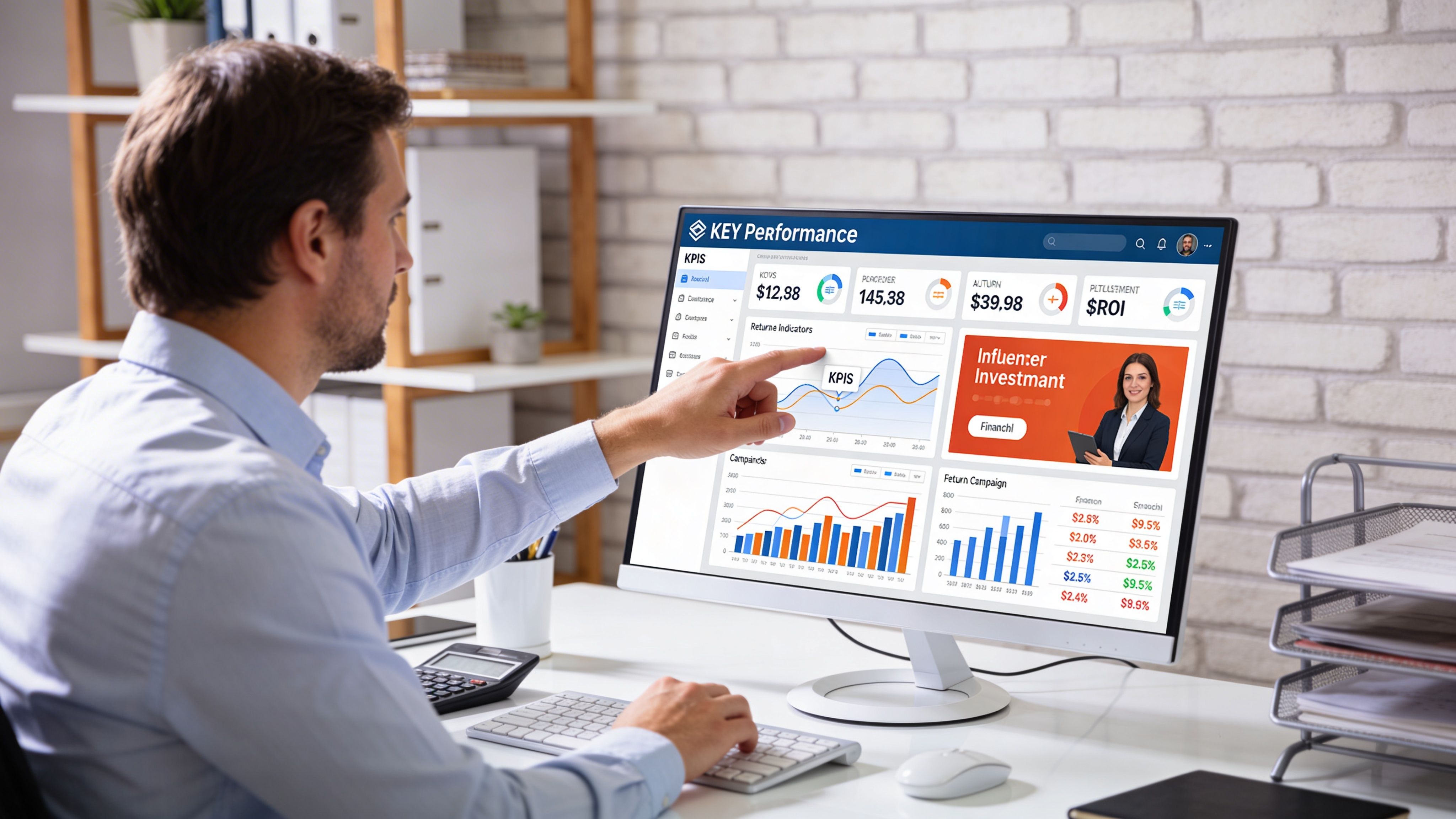A professional analyzing influencer marketing campaign performance metrics on a computer monitor in a modern office setting.