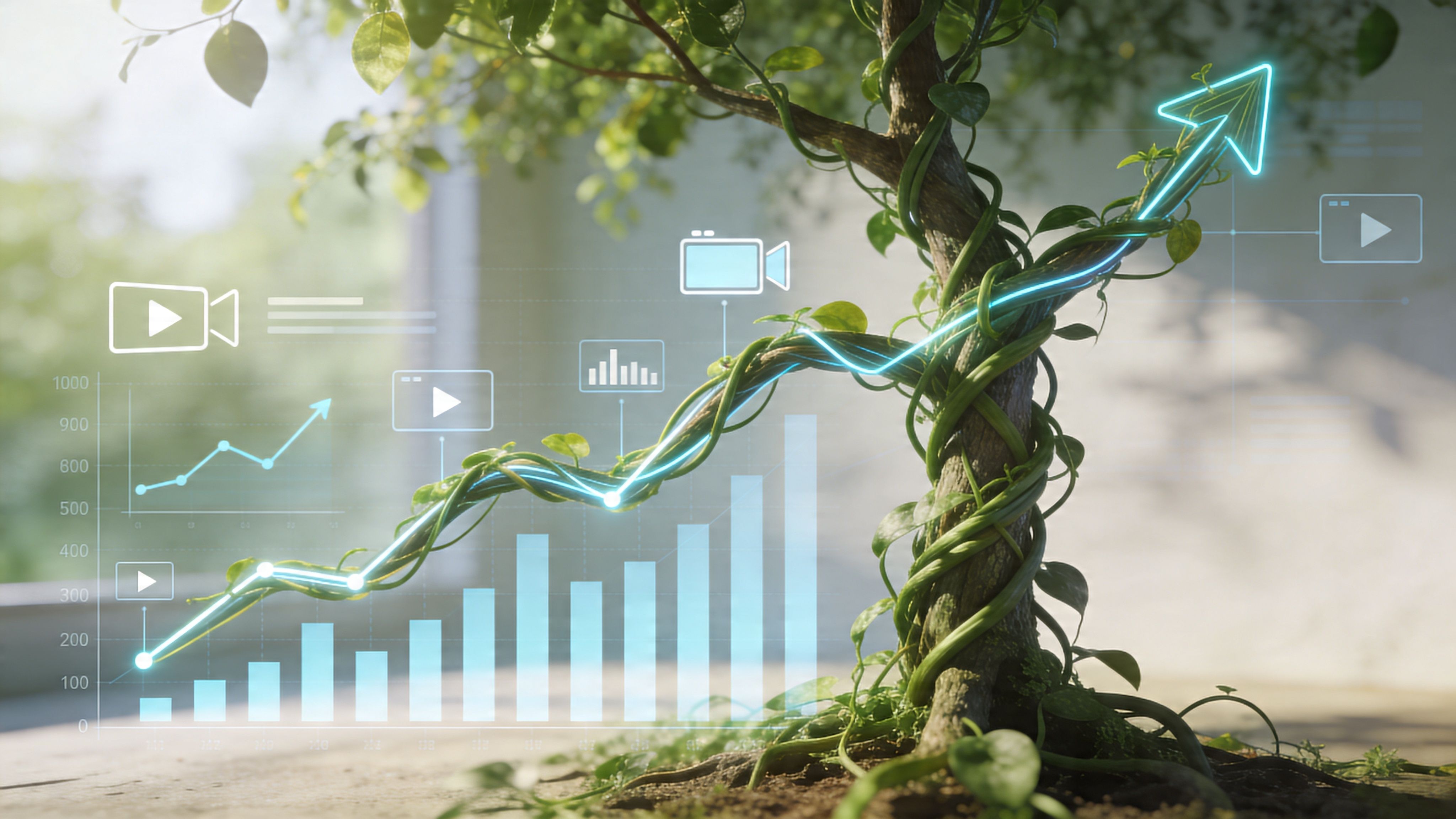 A conceptual image showing a small tree growing with neon digital marketing charts and video icons overlaid.
