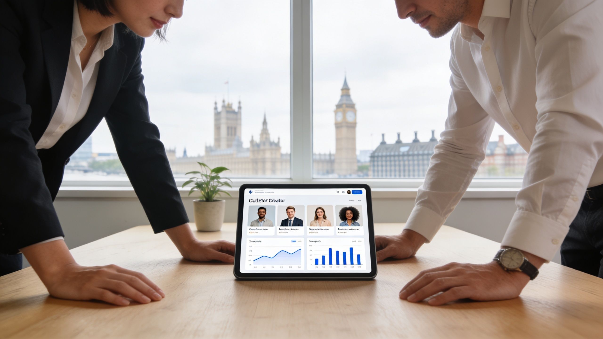 Two professionals looking at a digital tablet displaying creator analytics in an office with London view.