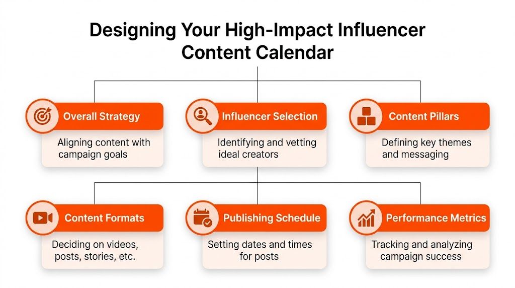 An infographic showing the six key components for designing a high-impact influencer marketing content calendar.