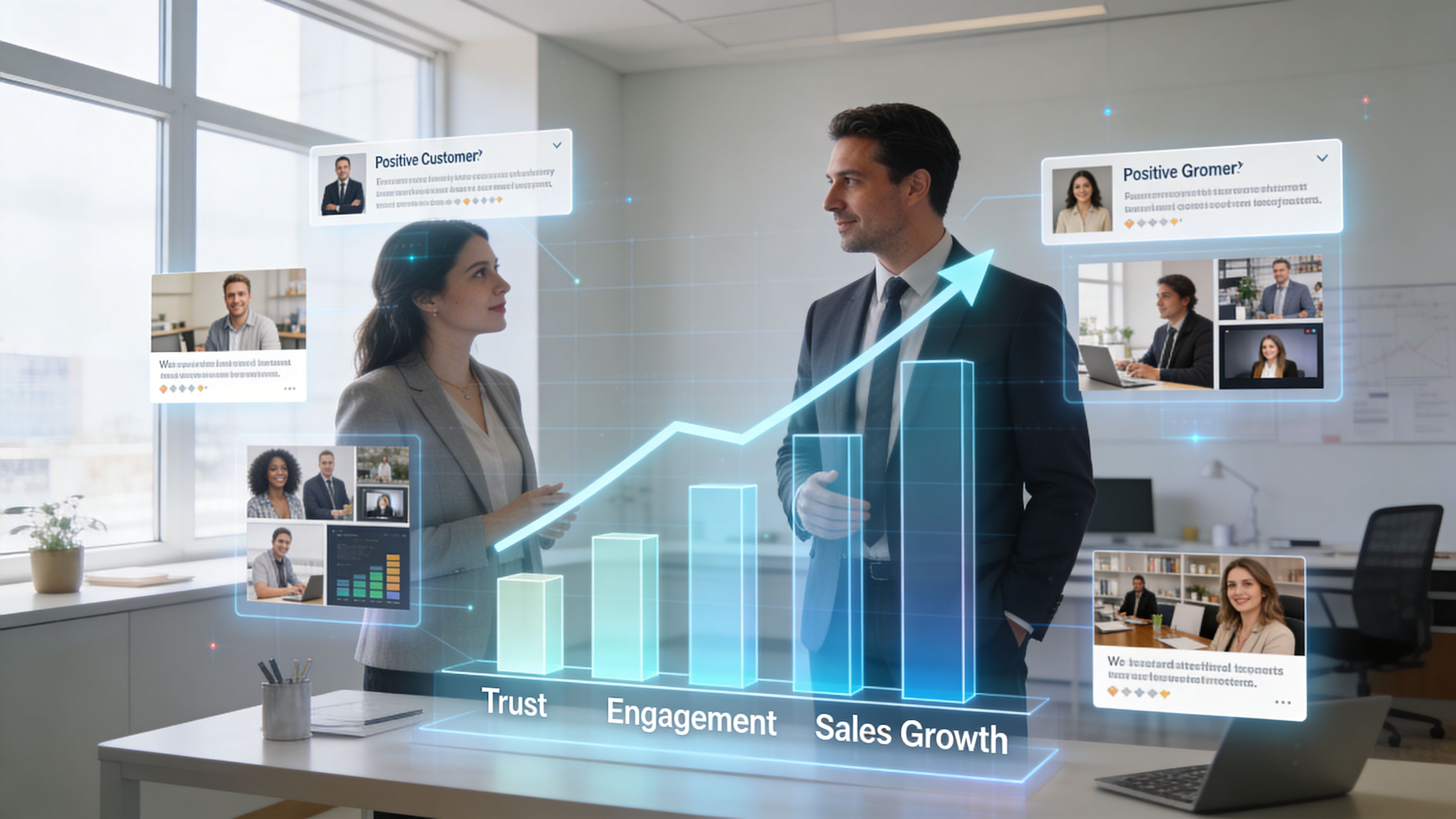 A professional man and woman discussing data visualization charts showing metrics for trust, engagement, and sales growth.