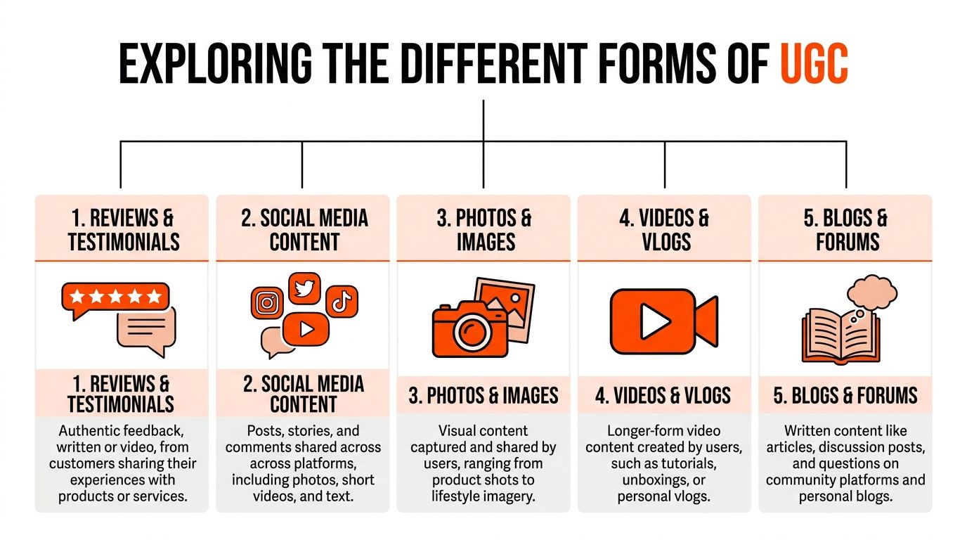 An infographic titled Exploring the Different Forms of UGC outlining five common types of user generated content.