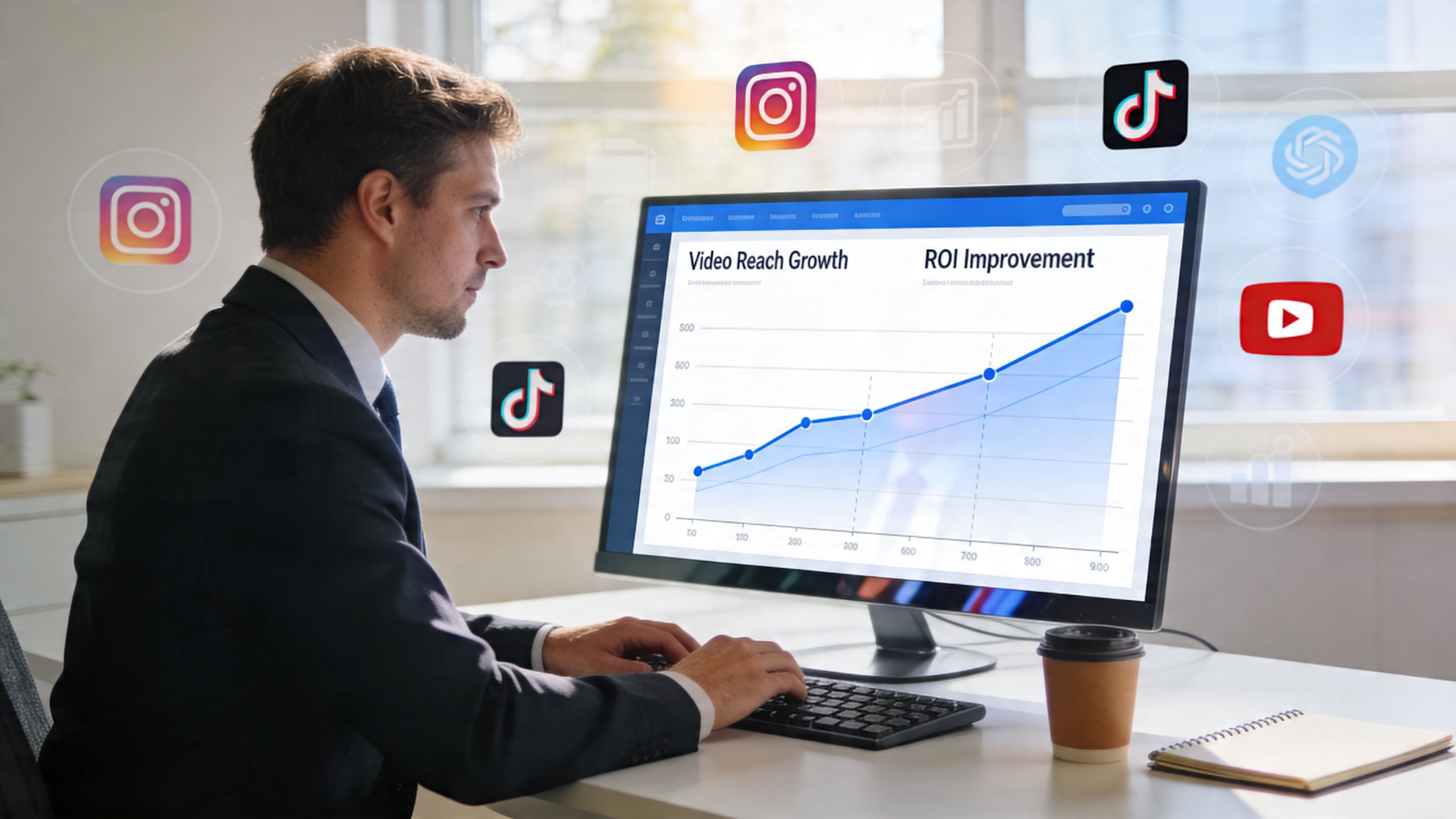 A professional businessman analyzing growth charts and social media marketing metrics on his computer screen in office.