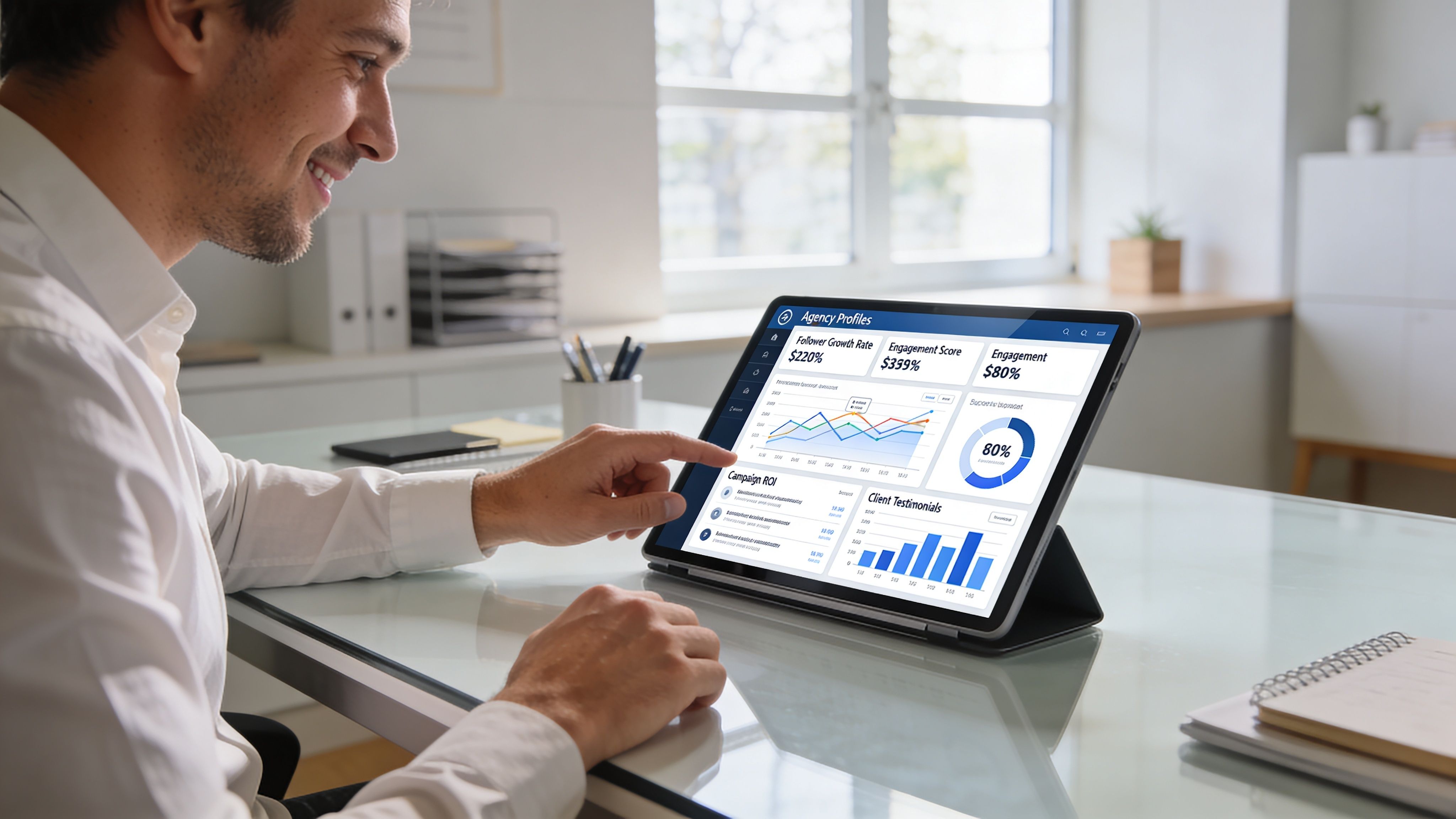 A smiling businessman interacts with a tablet showing social media analytics charts in a modern office.