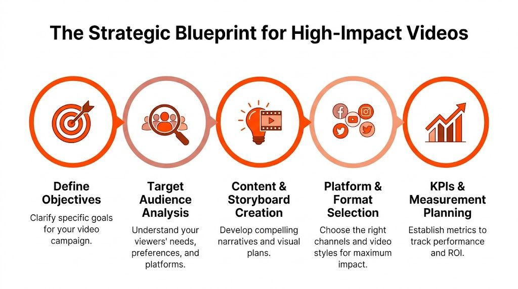 A strategic blueprint diagram detailing five key steps to create high-impact video marketing campaigns for businesses.