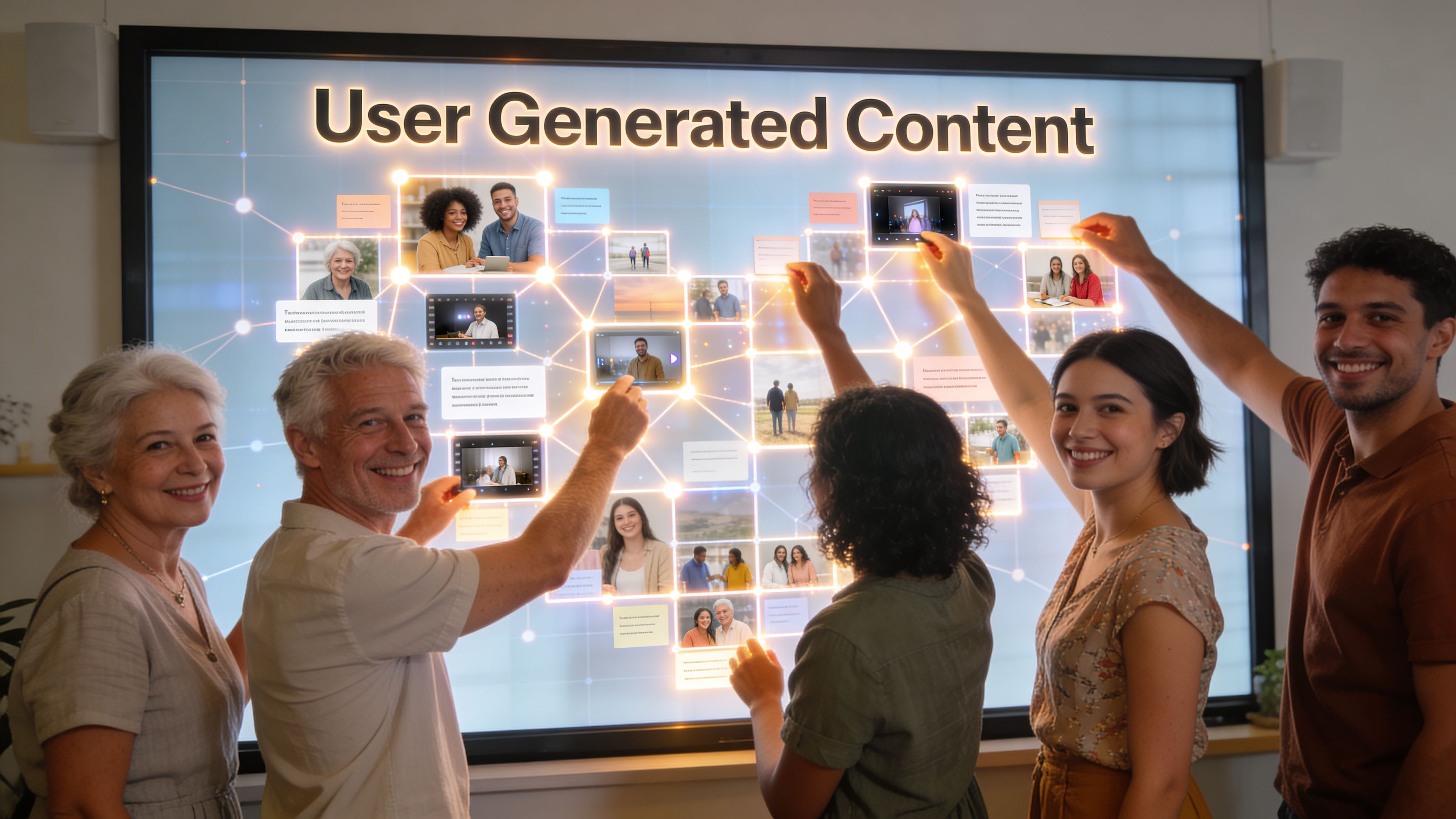 A diverse group of people interacting with a large digital screen displaying user-generated content images and connections.