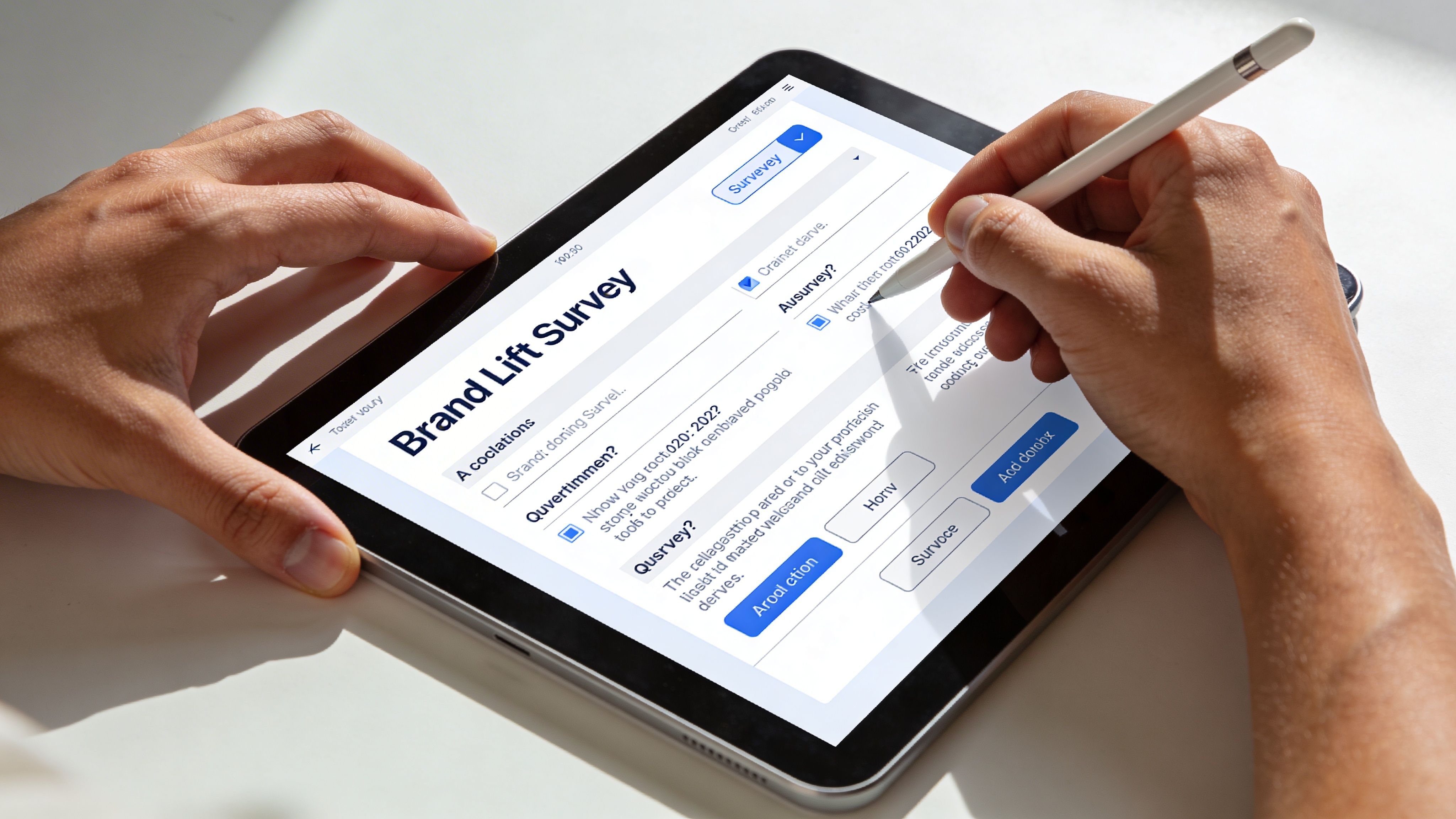 A person uses a stylus on a tablet screen to fill out an online brand lift survey.