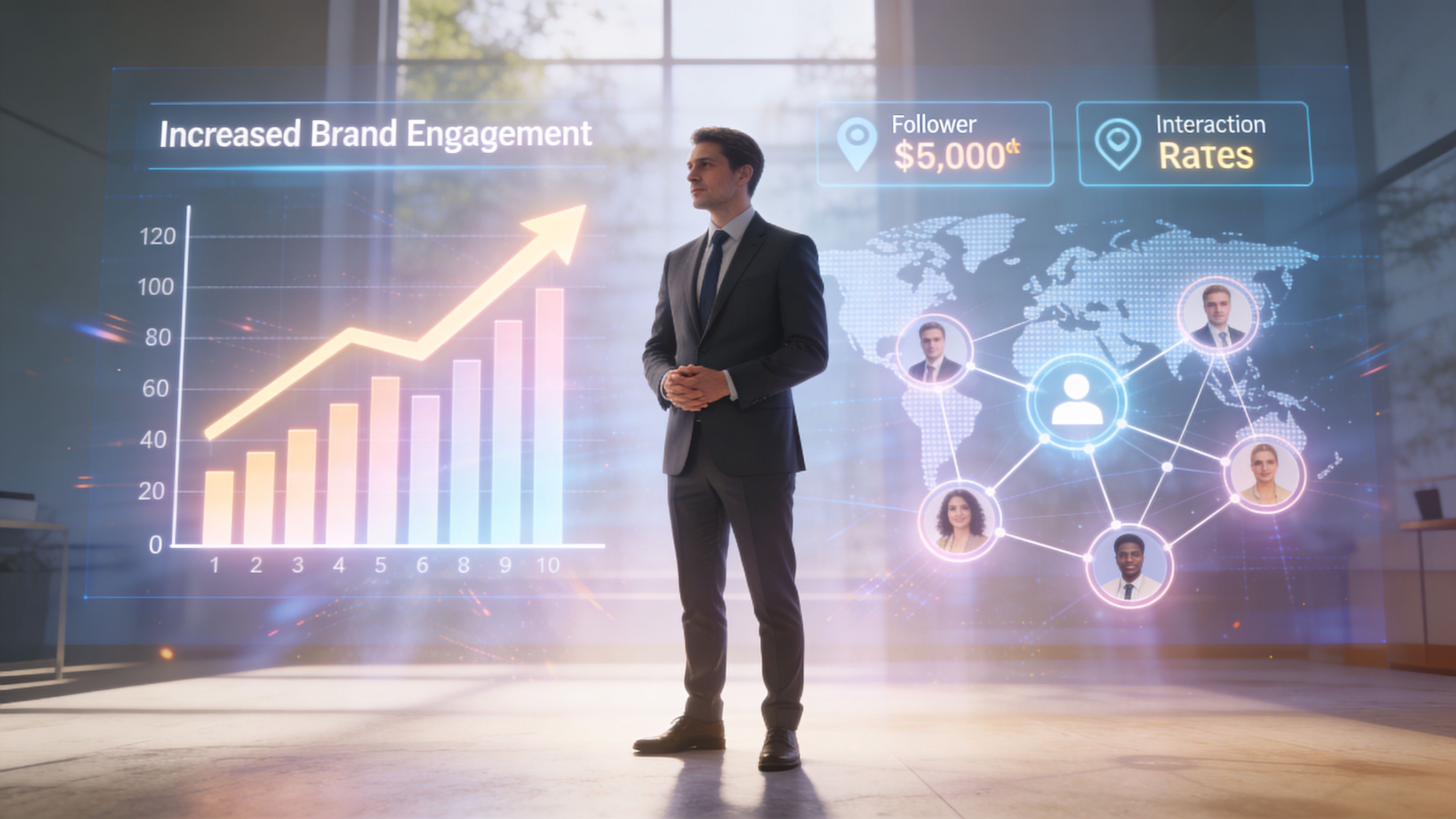 A professional man in a suit stands before a digital display showcasing social media engagement metrics.