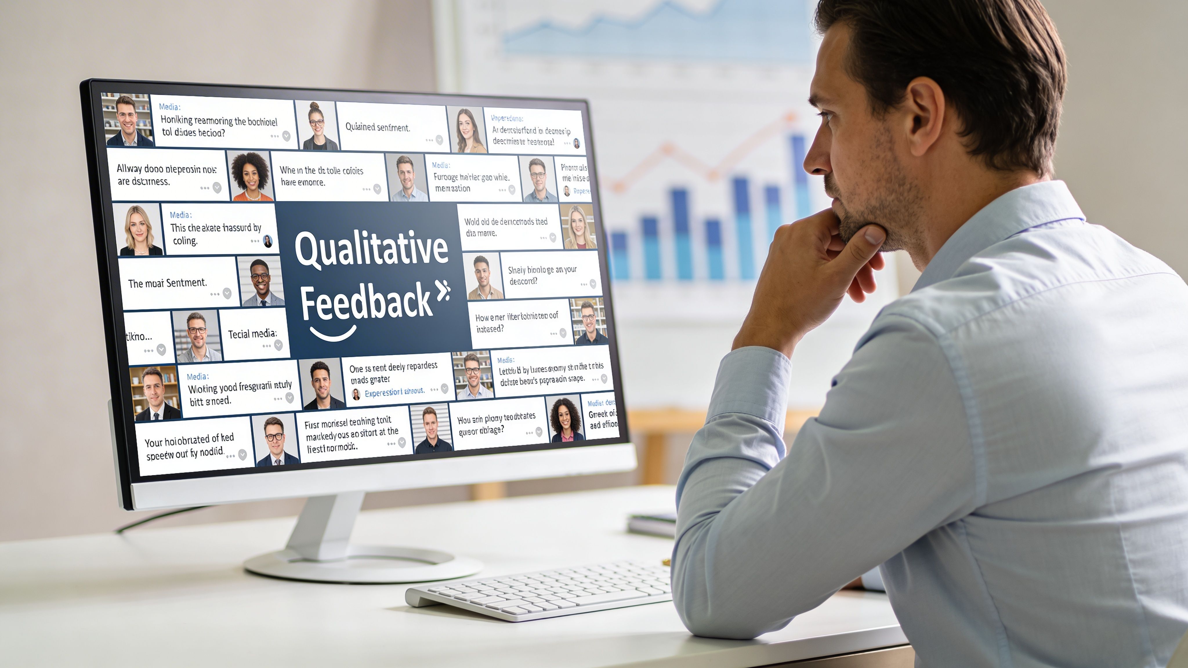 A professional man viewing qualitative feedback from social media influencers on a computer screen in an office.